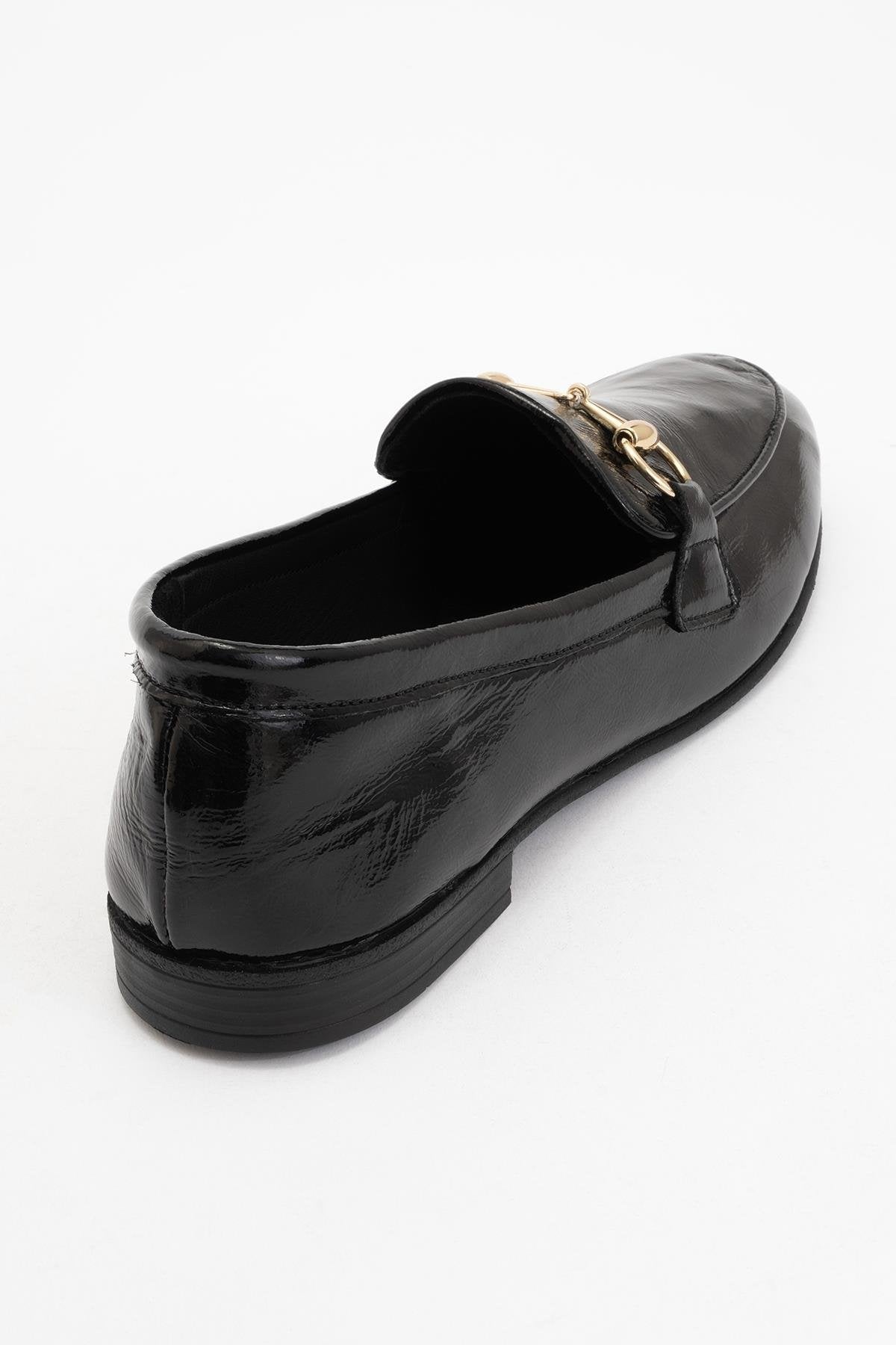 Rory - Black Patent Leather Bit Loafers – heel view showing leather, suede, black, Vowalisse
