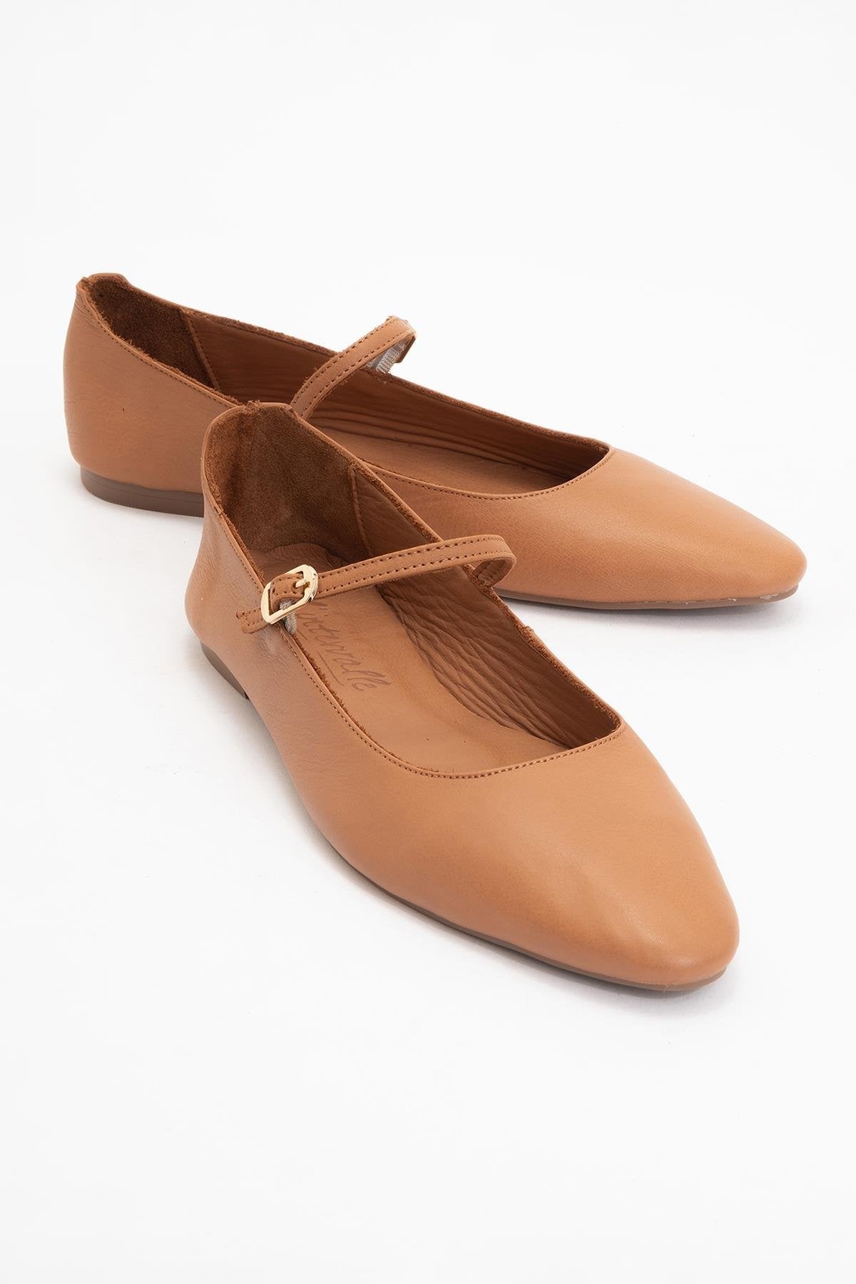 Lara - Cognac Brown Leather Mary Jane Flats – front three-quarter view showing leather, Vowalisse