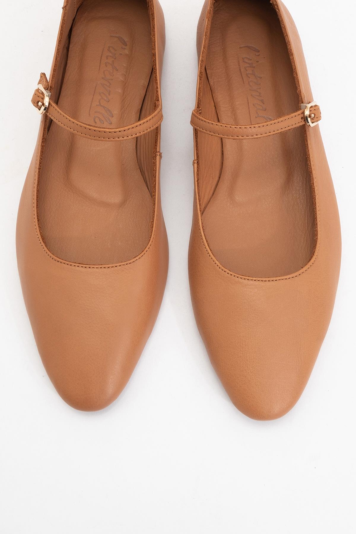 Lara - Cognac Brown Leather Mary Jane Flats – side view showing leather, Vowalisse