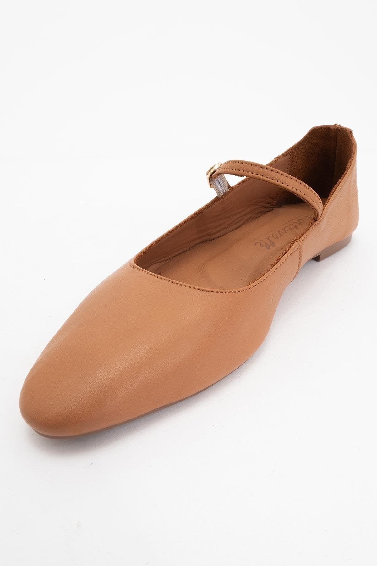 Lara - Cognac Brown Leather Mary Jane Flats – detail view showing leather, Vowalisse