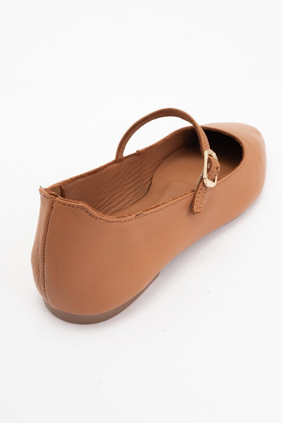 Lara - Cognac Brown Leather Mary Jane Flats – heel view showing leather, Vowalisse