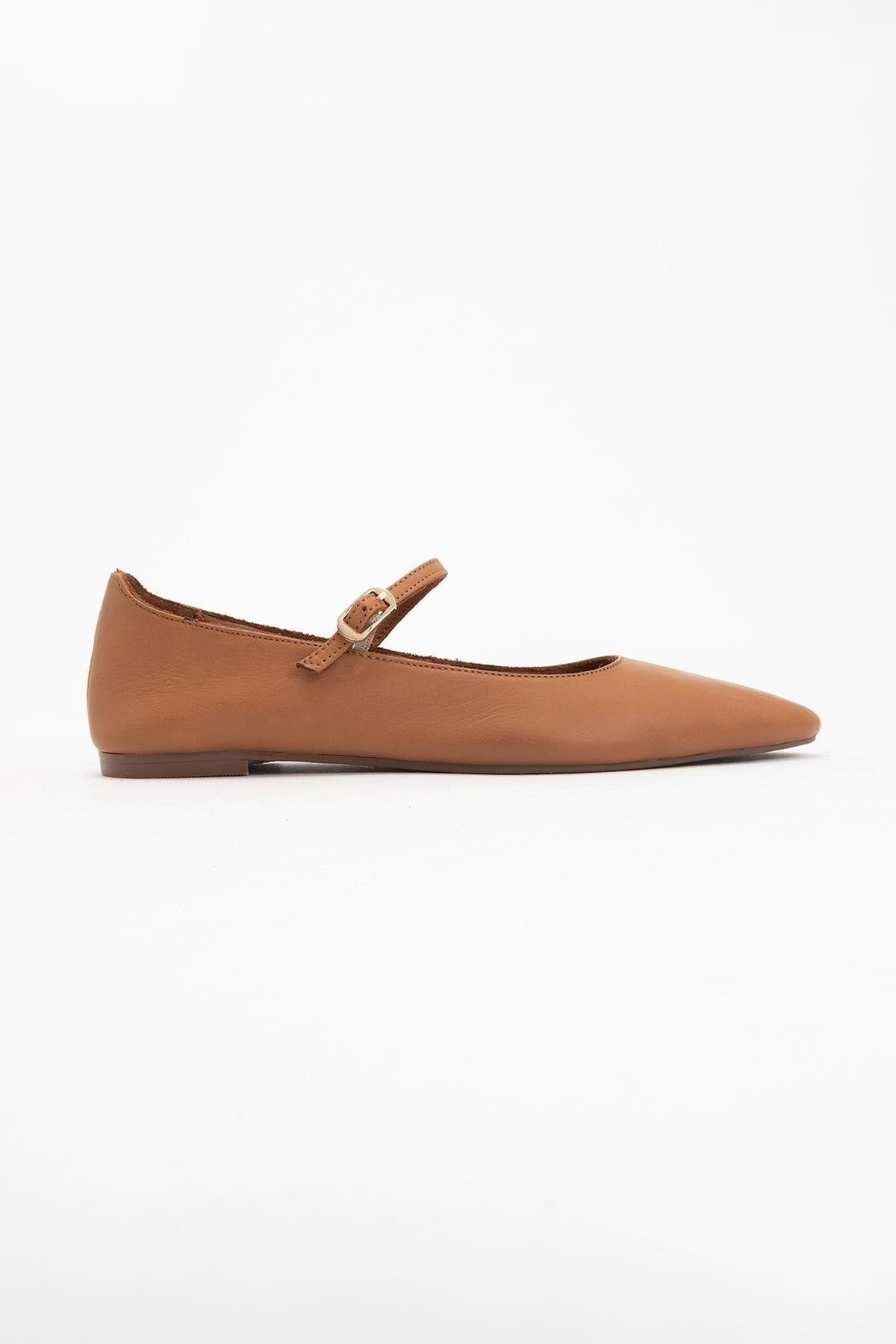 Lara - Cognac Brown Leather Mary Jane Flats – back view showing leather, Vowalisse