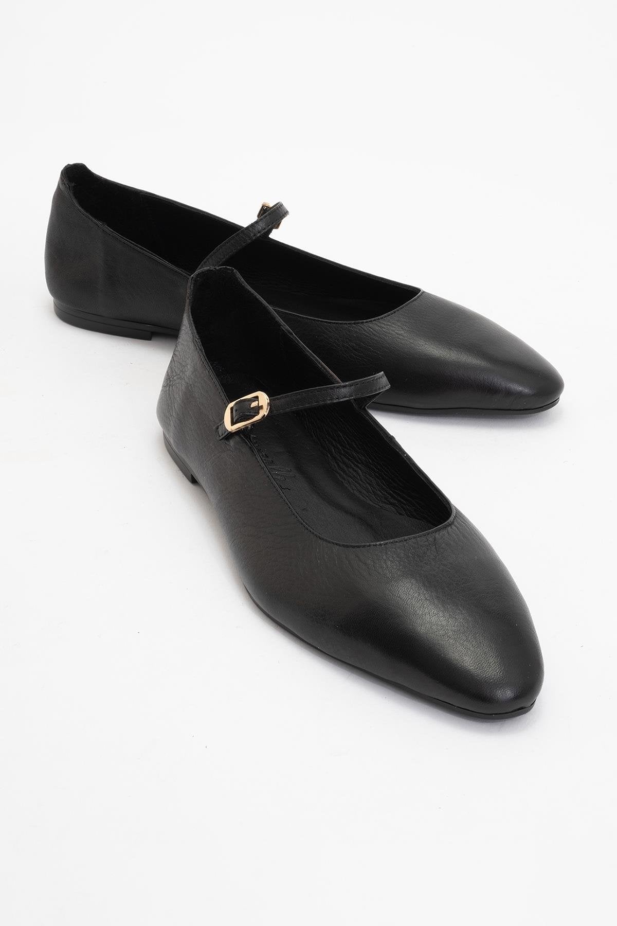 Lara - Black Leather Mary Jane Flats – front three-quarter view showing leather, black, Vowalisse