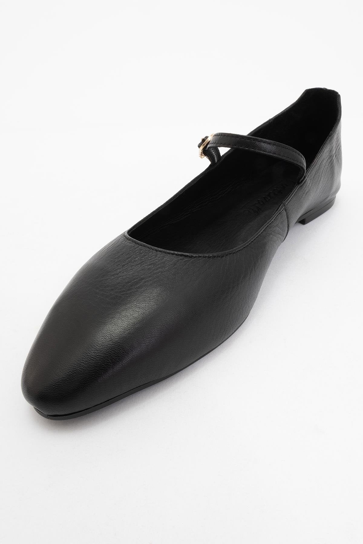 Lara - Black Leather Mary Jane Flats – detail view showing leather, black, Vowalisse
