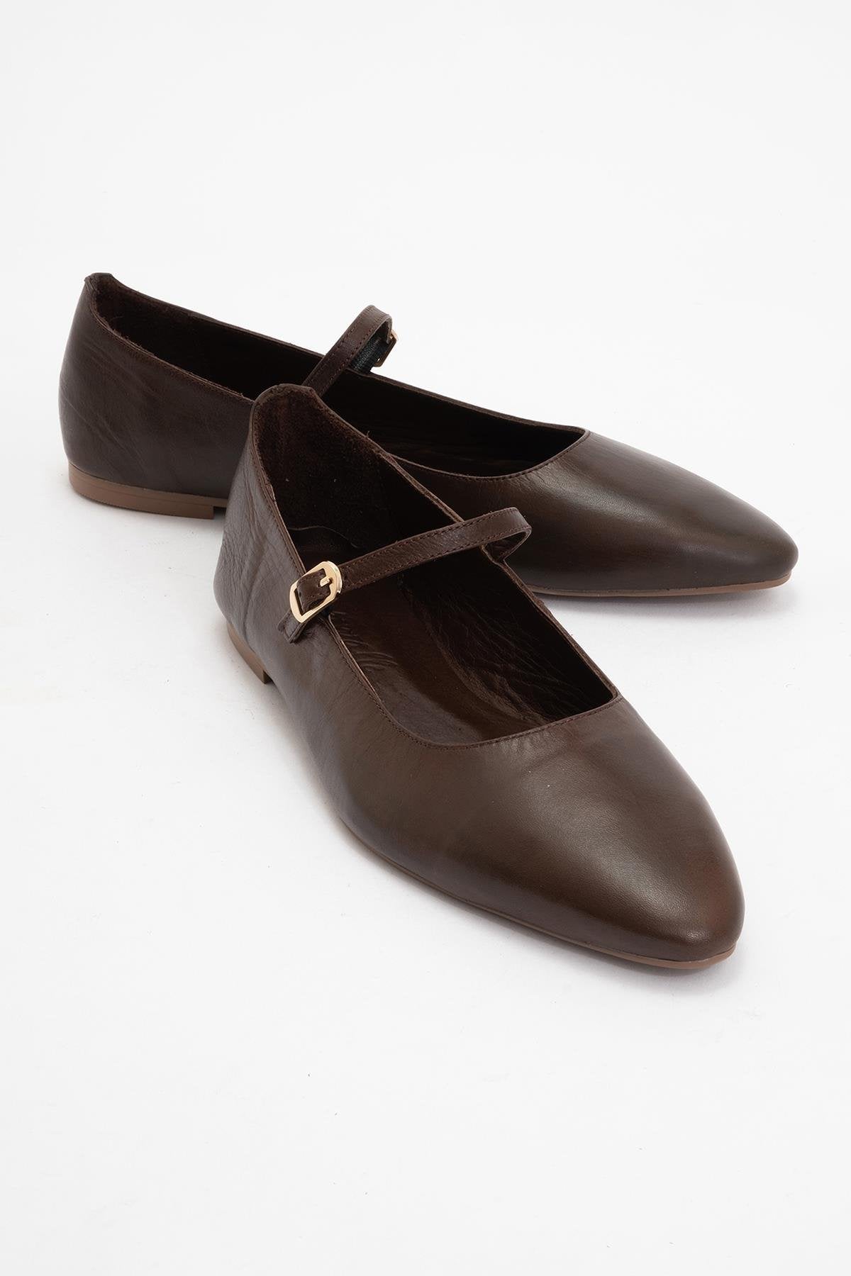 Lara - Brown Leather Mary Jane Flats – front three-quarter view showing leather, Vowalisse