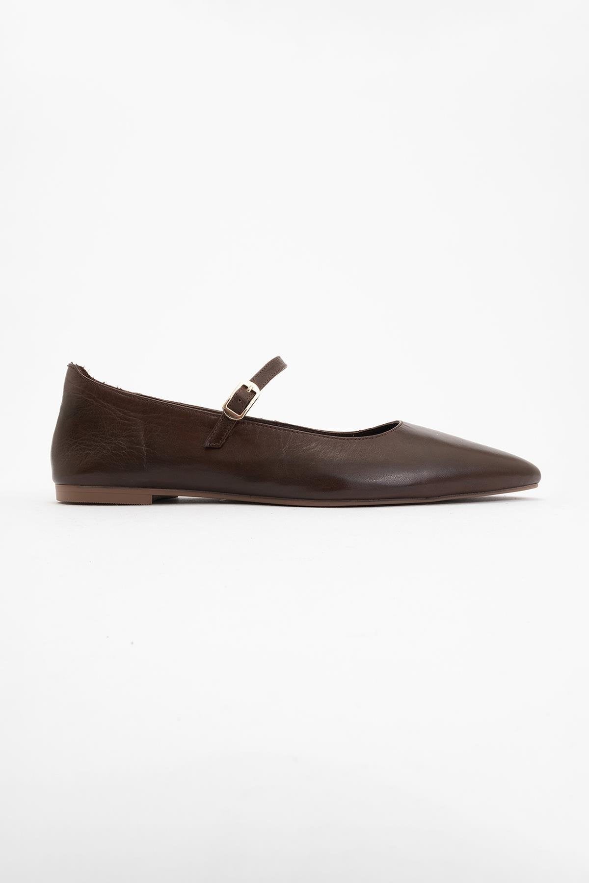 Lara - Brown Leather Mary Jane Flats – back view showing leather, Vowalisse