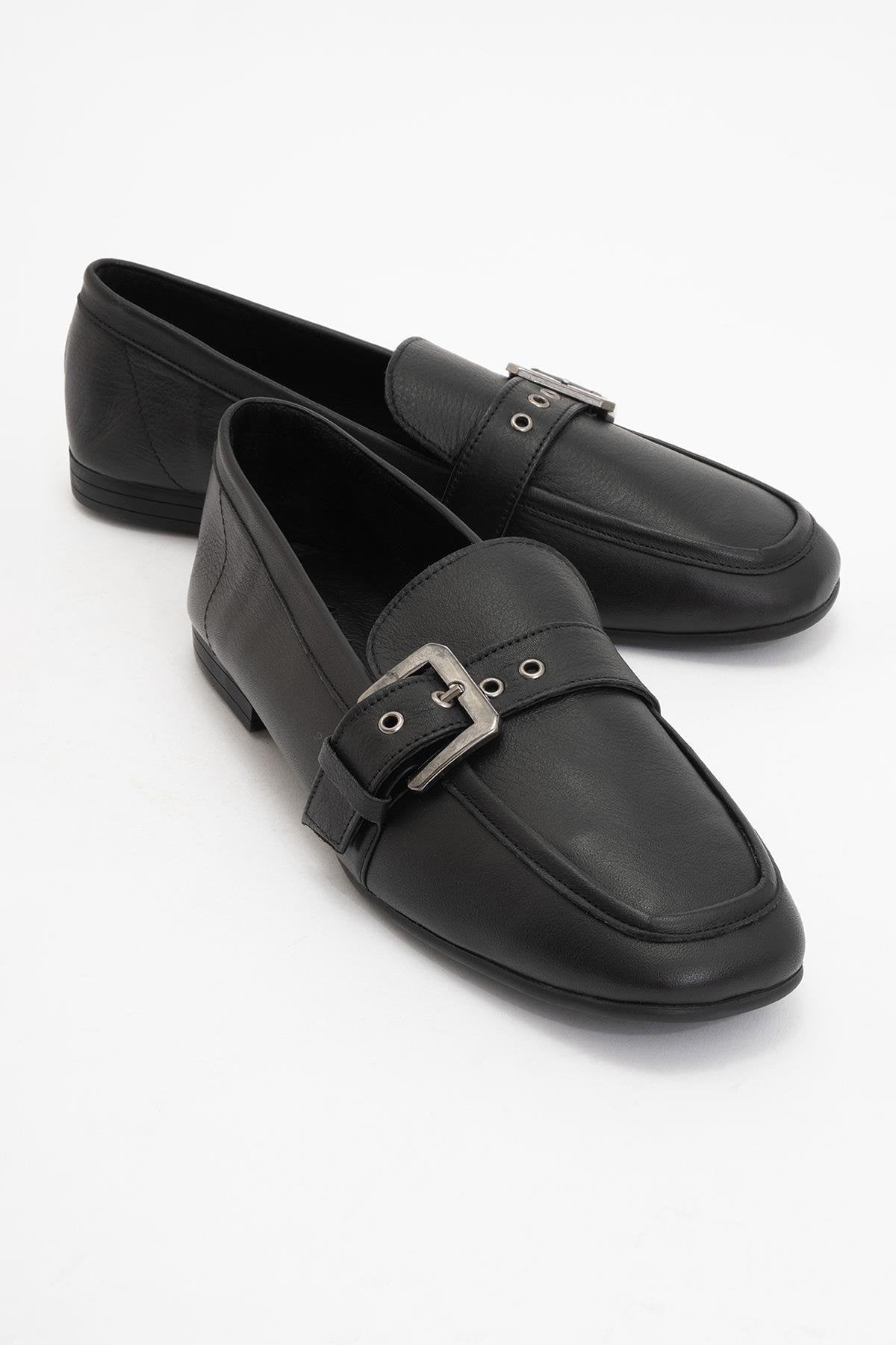 Clarion - Black Leather Loafers – front three-quarter view showing leather, black, red, Vowalisse