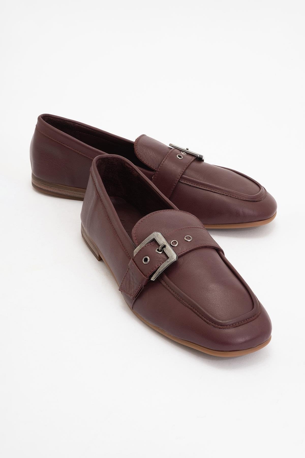 Clarion - Burgundy Brown Leather Loafers – front three-quarter view showing leather, red, Vowalisse