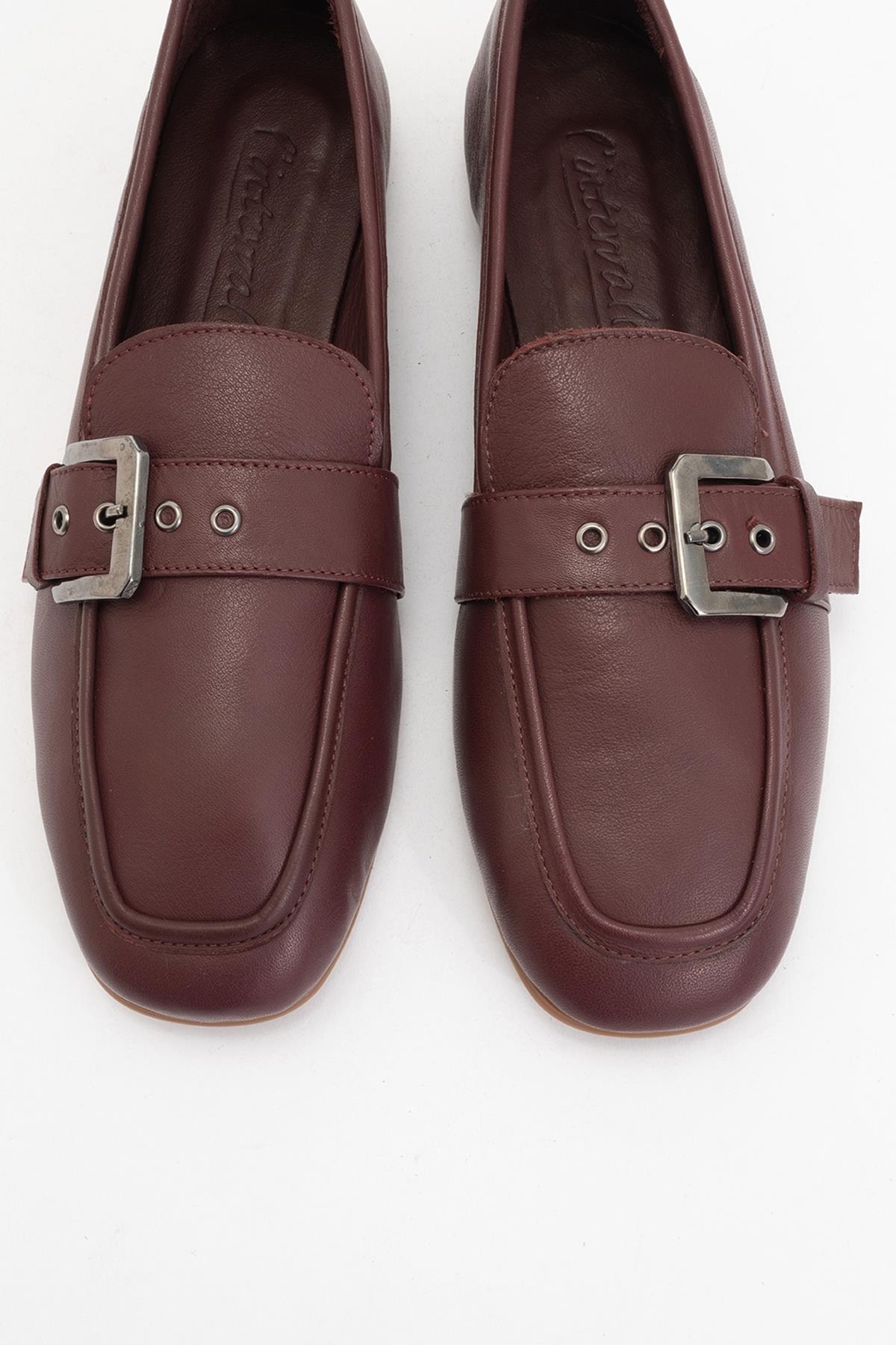 Clarion - Burgundy Brown Leather Loafers – side view showing leather, red, Vowalisse