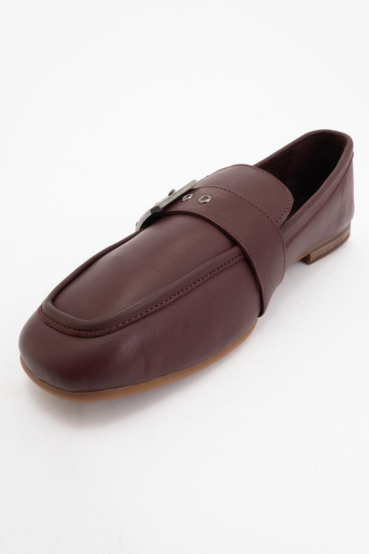 Clarion - Burgundy Brown Leather Loafers – detail view showing leather, red, Vowalisse