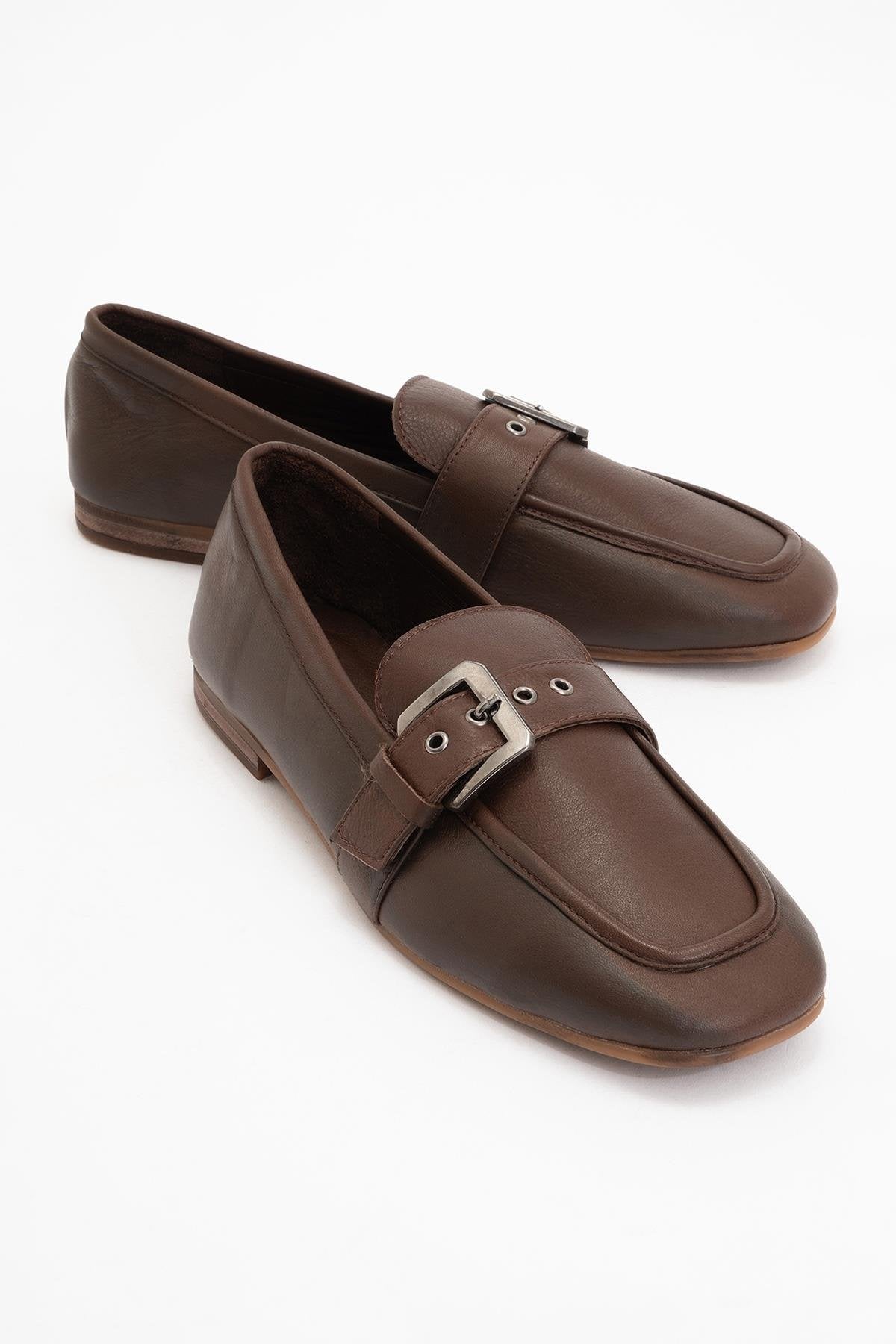 Clarion - Brown Leather Loafers – front three-quarter view showing leather, red, Vowalisse