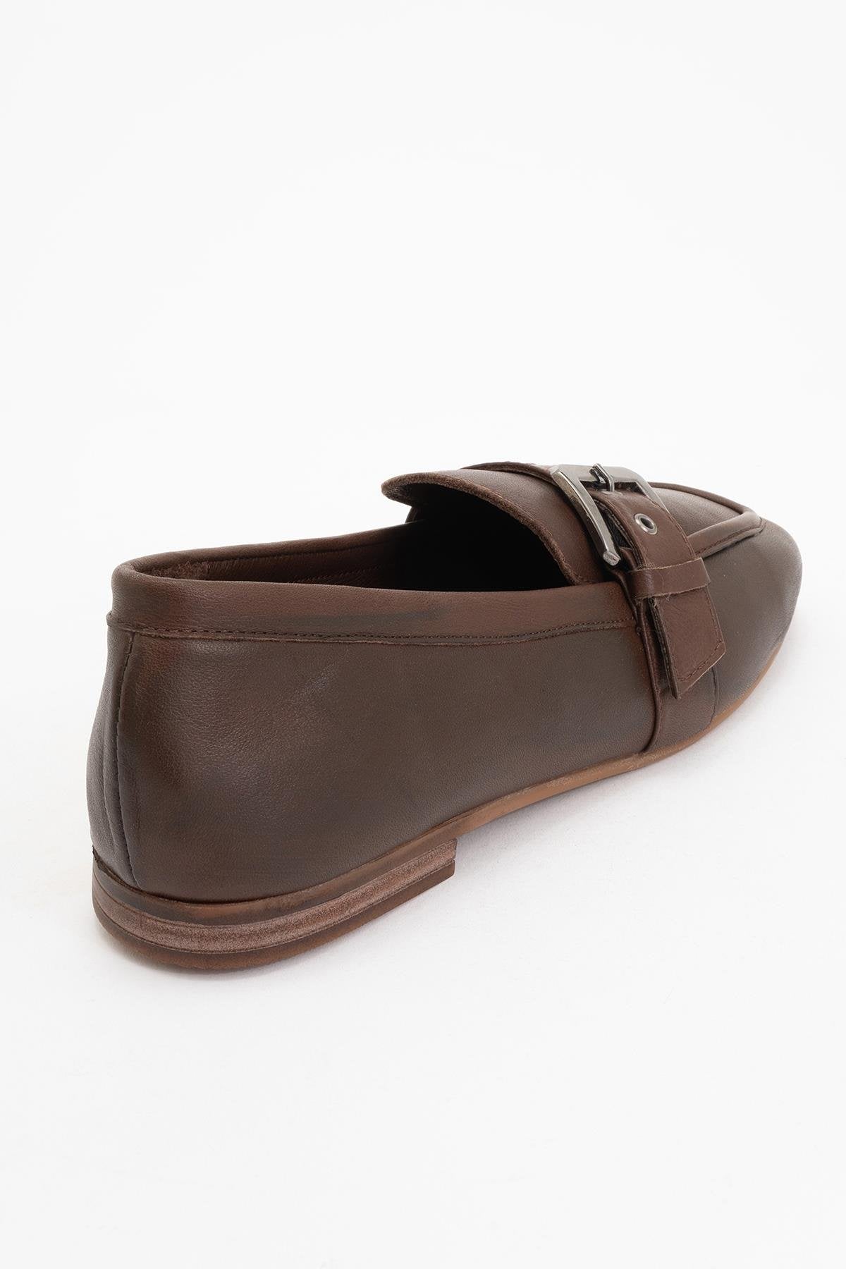 Clarion - Brown Leather Loafers – heel view showing leather, red, Vowalisse