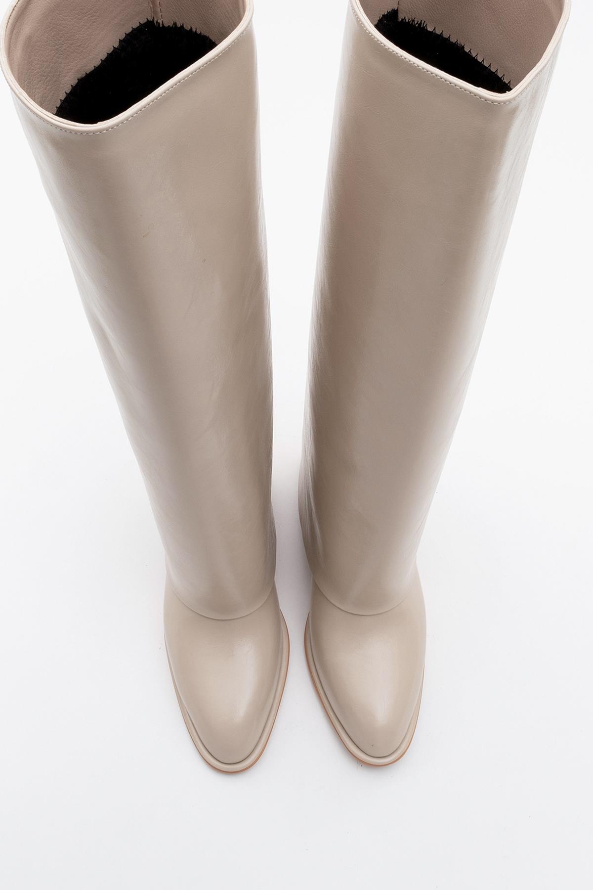 Maybe Beige Chunky Heel Boot – side view showing leather, red, Vowalisse