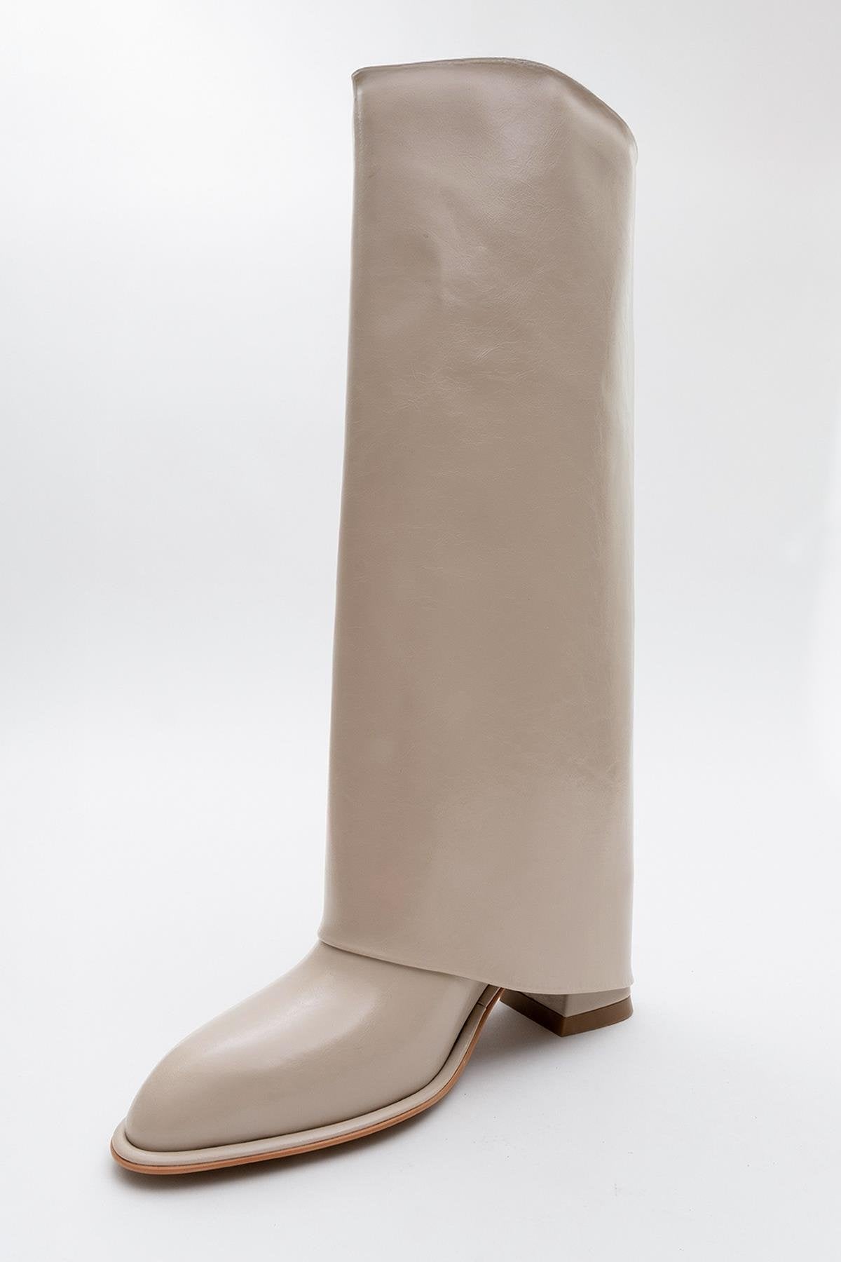 Maybe Beige Chunky Heel Boot – detail view showing leather, red, Vowalisse