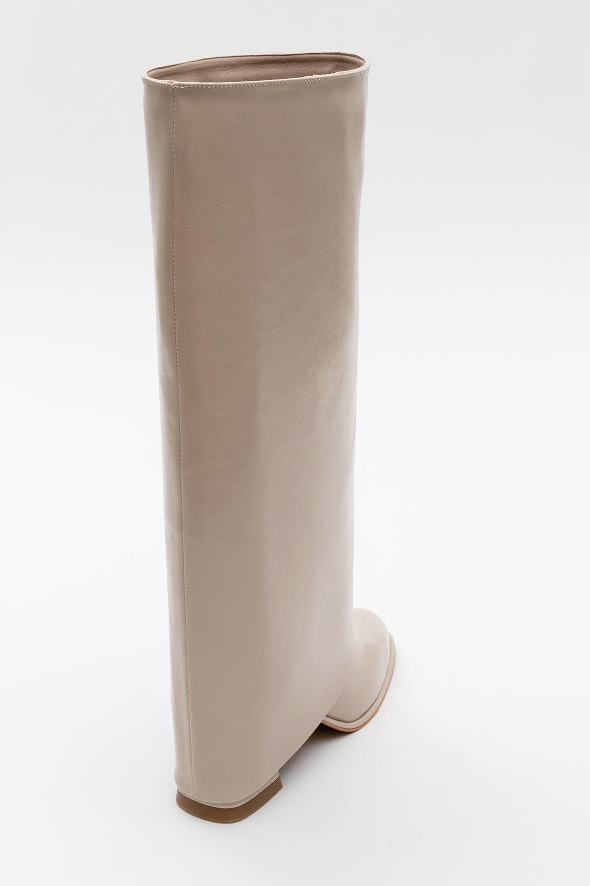 Maybe Beige Chunky Heel Boot – heel view showing leather, red, Vowalisse