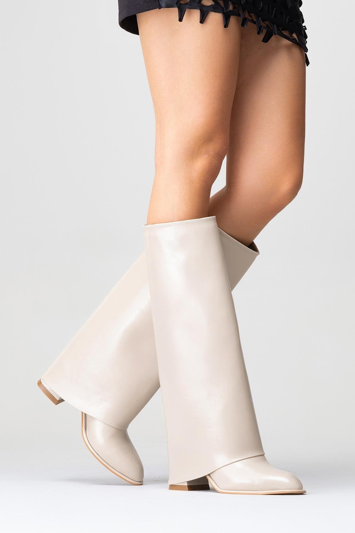 Maybe Beige Chunky Heel Boot – top view showing leather, red, Vowalisse