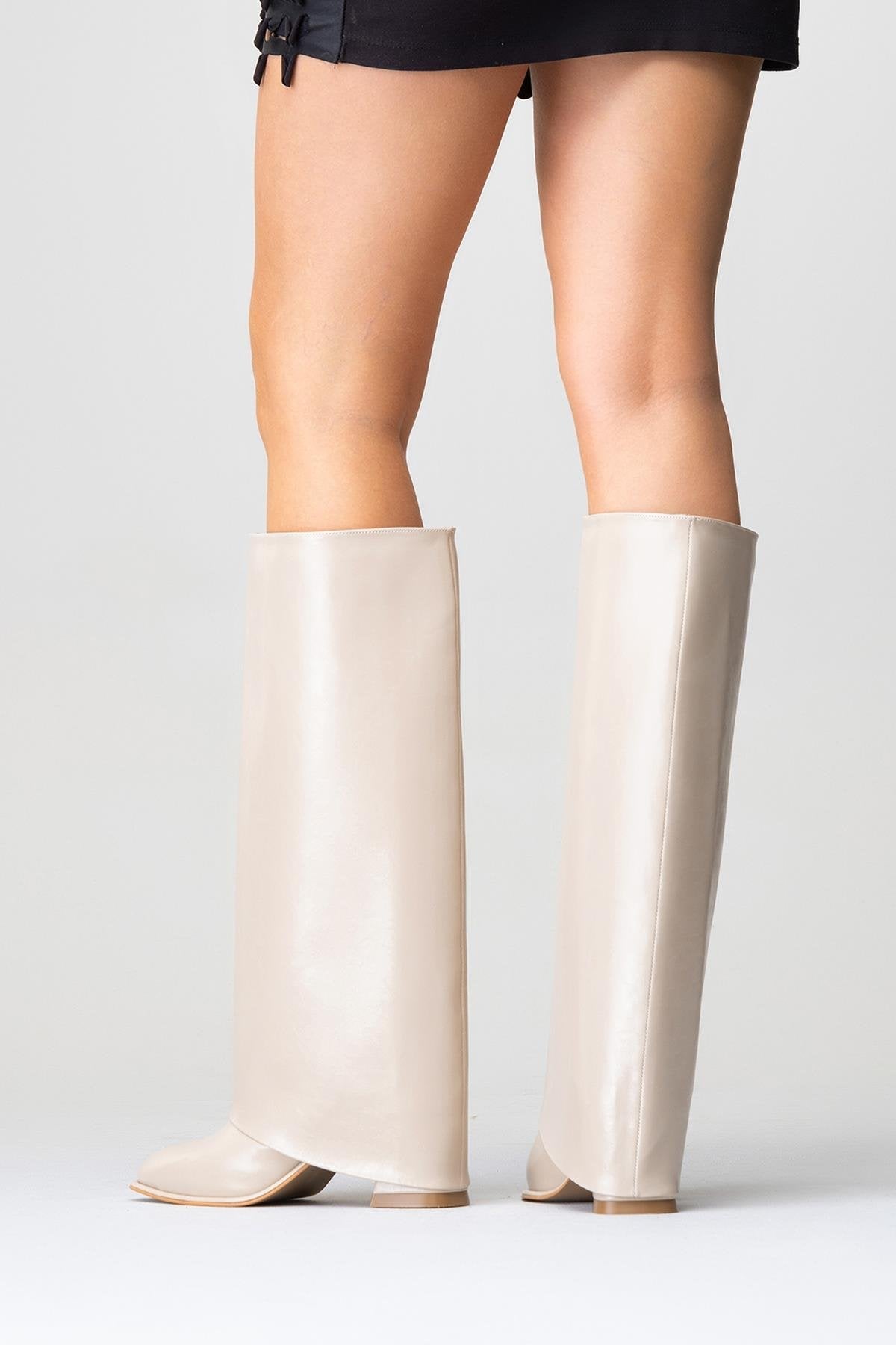Maybe Beige Chunky Heel Boot – sole view showing leather, red, Vowalisse