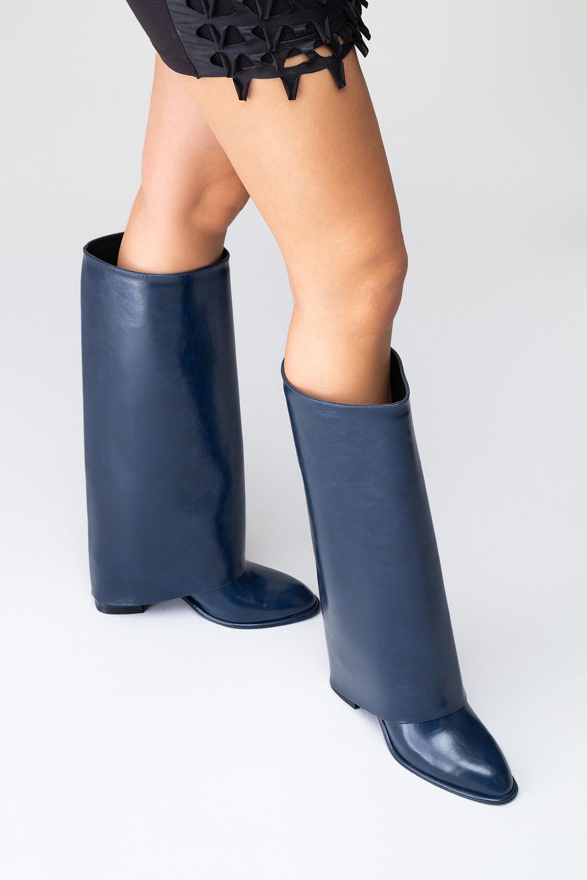 Maybe Navy Chunky Heel Boot – product view 10 showing leather, red, Vowalisse