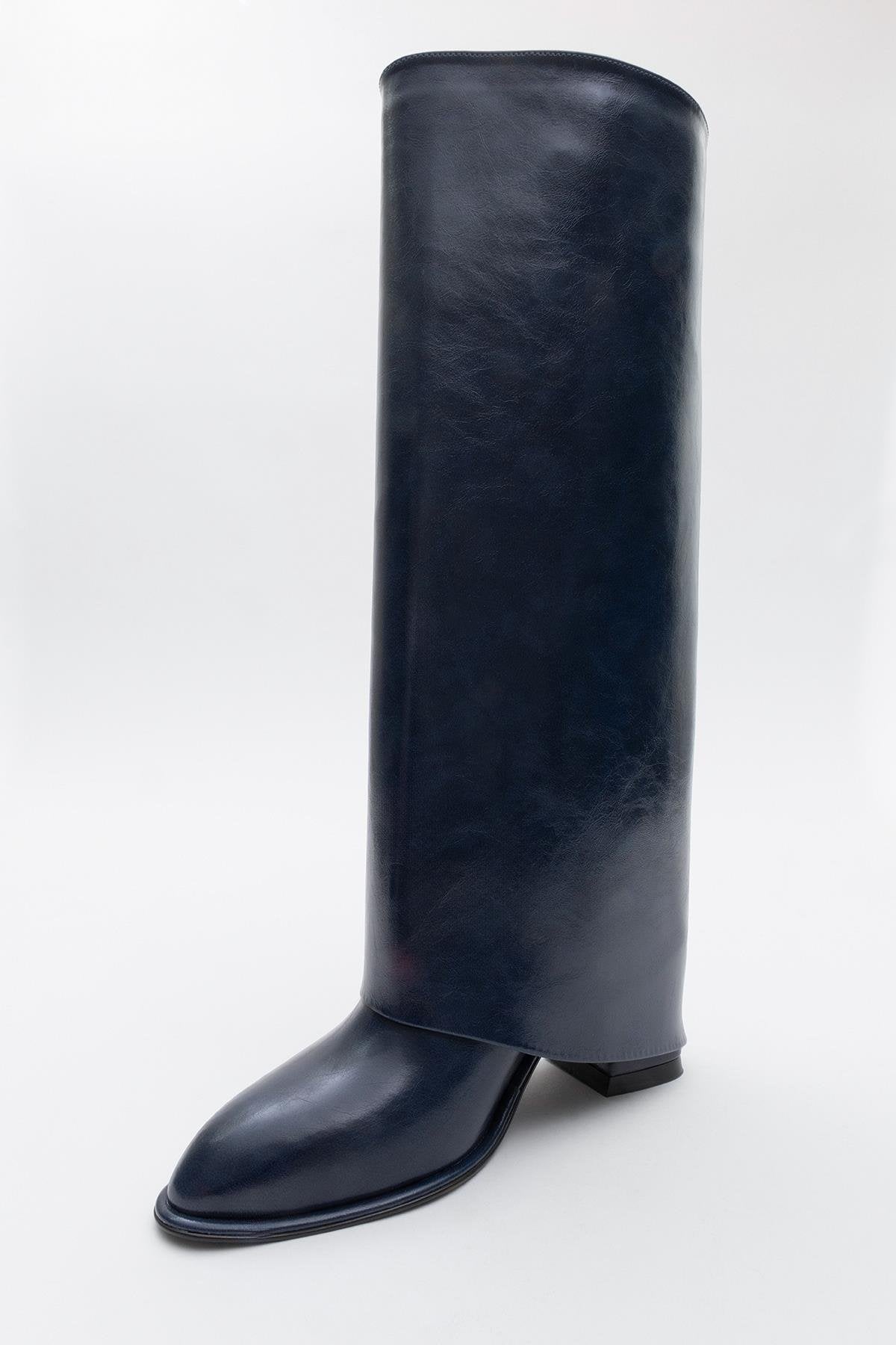 Maybe Navy Chunky Heel Boot – detail view showing leather, red, Vowalisse