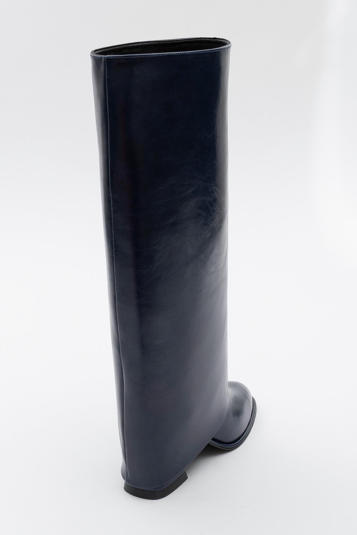 Maybe Navy Chunky Heel Boot – heel view showing leather, red, Vowalisse