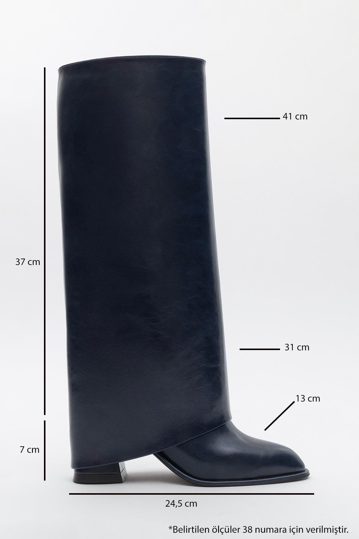 Maybe Navy Chunky Heel Boot – back view showing leather, red, Vowalisse