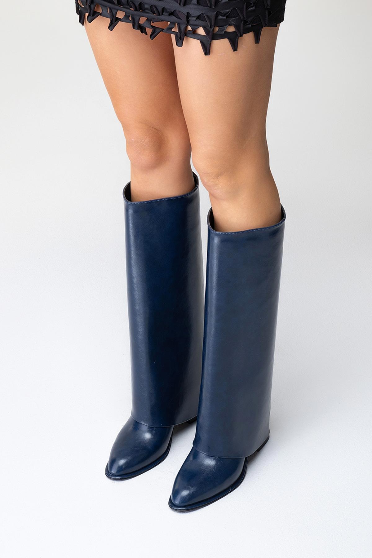 Maybe Navy Chunky Heel Boot – top view showing leather, red, Vowalisse