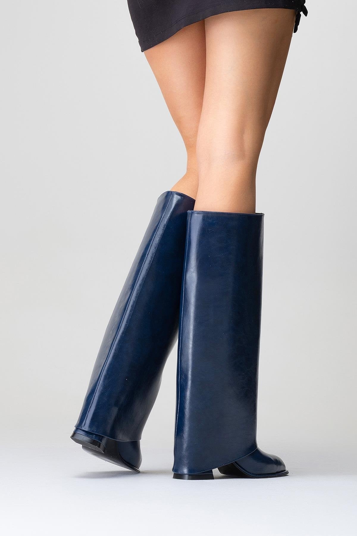 Maybe Navy Chunky Heel Boot – pair view showing leather, red, Vowalisse
