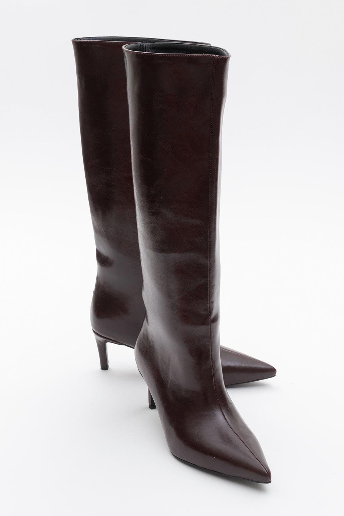 Cassandra Burgundy Cilt High‑Heel Boot – front three-quarter view showing leather, red, Vowalisse