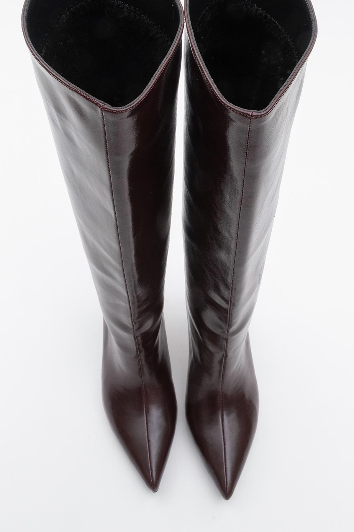 Cassandra Burgundy Cilt High‑Heel Boot – side view showing leather, red, Vowalisse