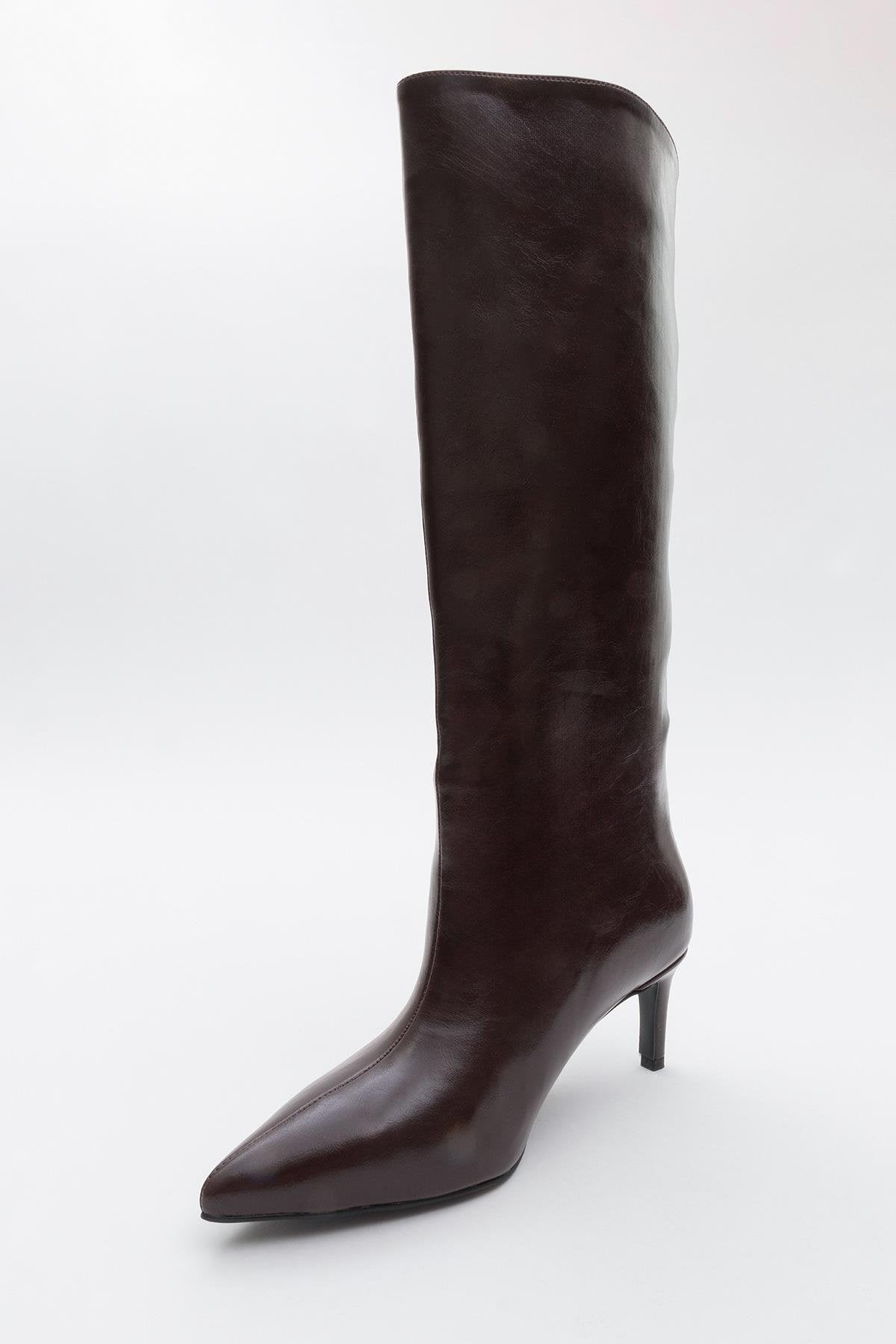 Cassandra Burgundy Cilt High‑Heel Boot – detail view showing leather, red, Vowalisse