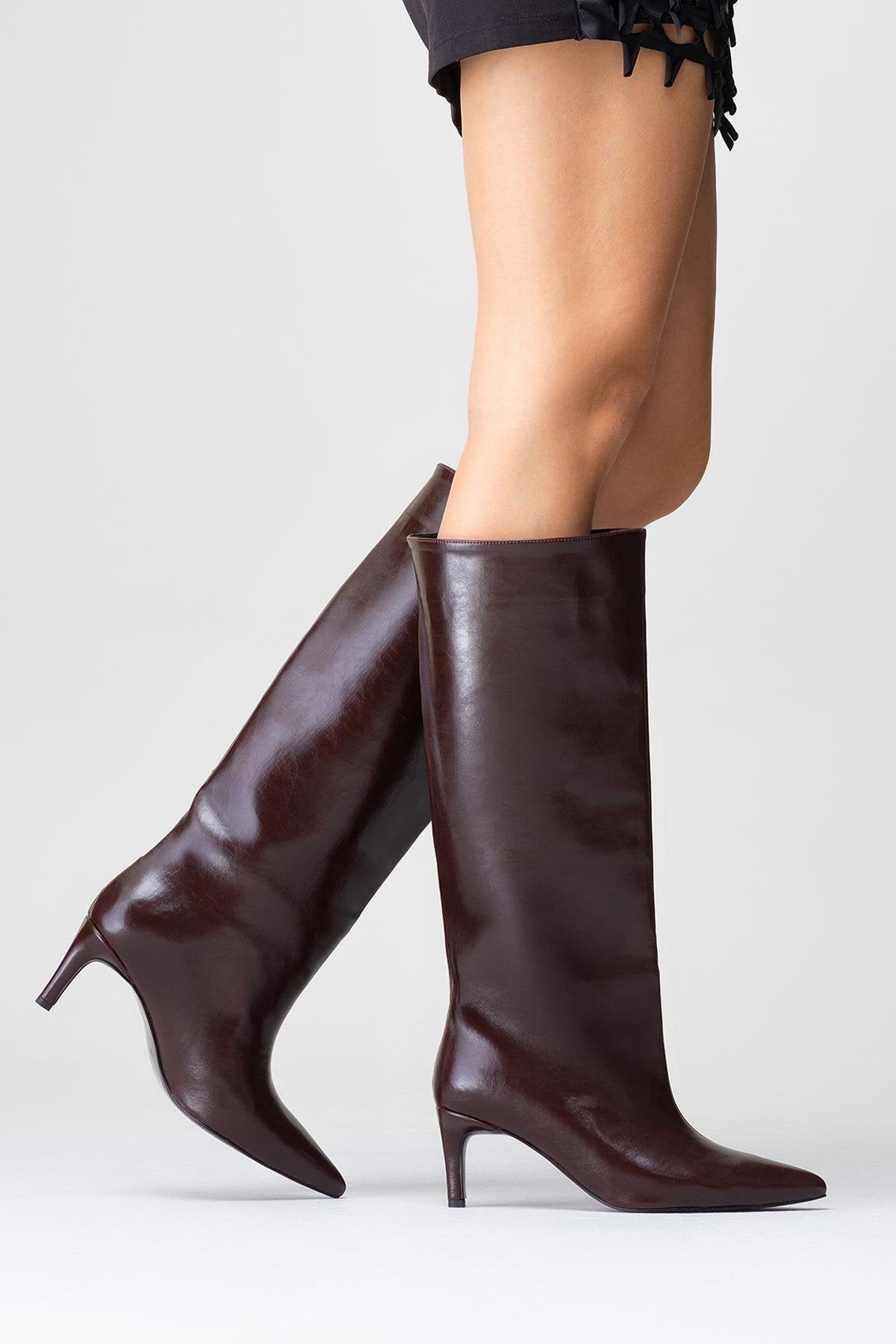 Cassandra Burgundy Cilt High‑Heel Boot – top view showing leather, red, Vowalisse