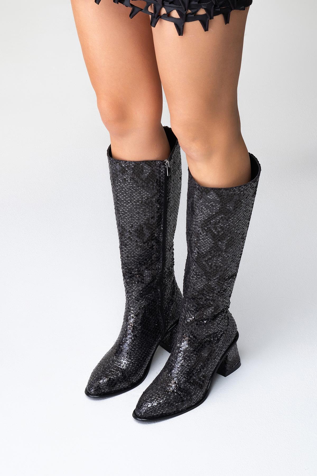 Elly Black Pattern Block Heel Boot – product view 10 showing leather, black, red, Vowalisse