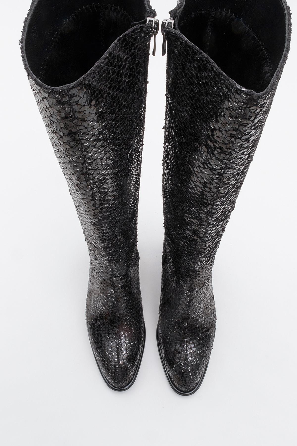 Elly Black Pattern Block Heel Boot – side view showing leather, black, red, Vowalisse