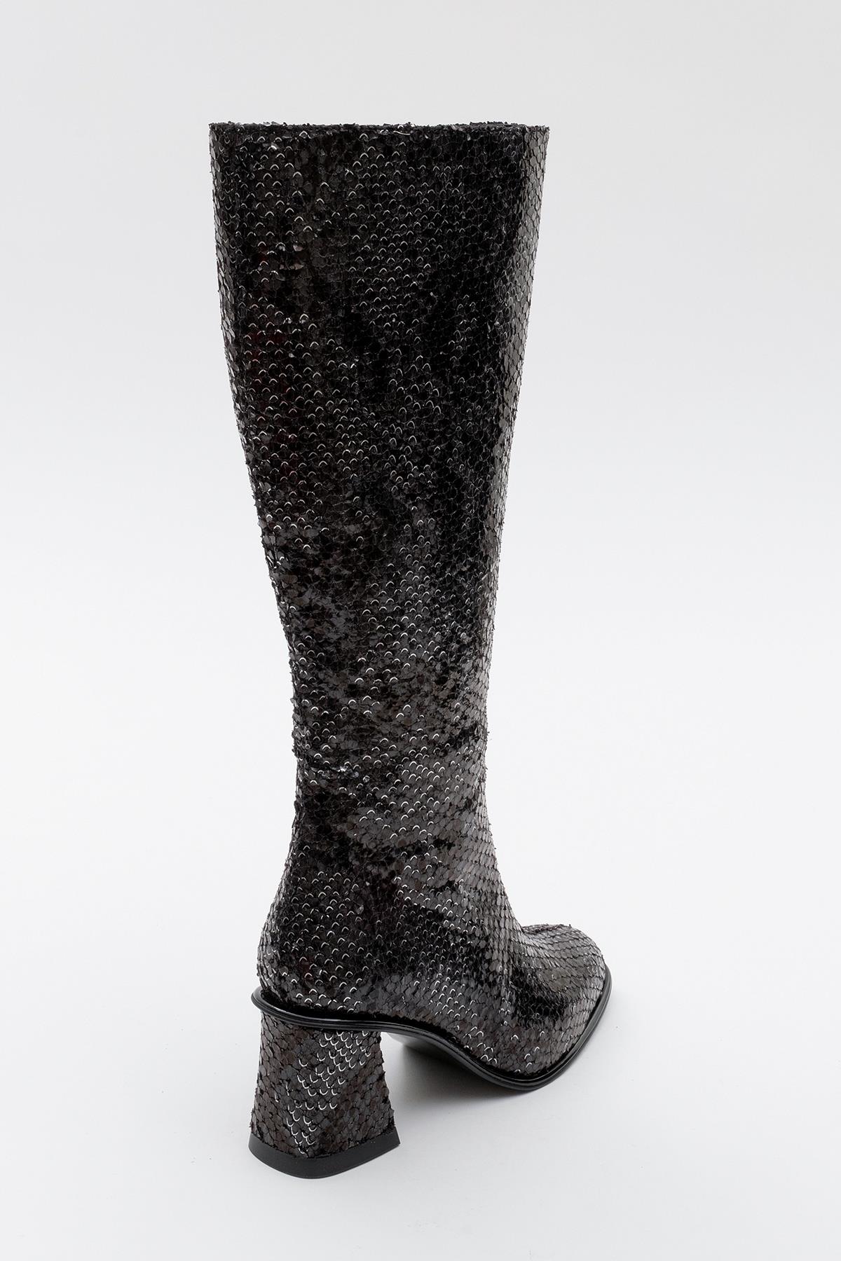 Elly Black Pattern Block Heel Boot – heel view showing leather, black, red, Vowalisse
