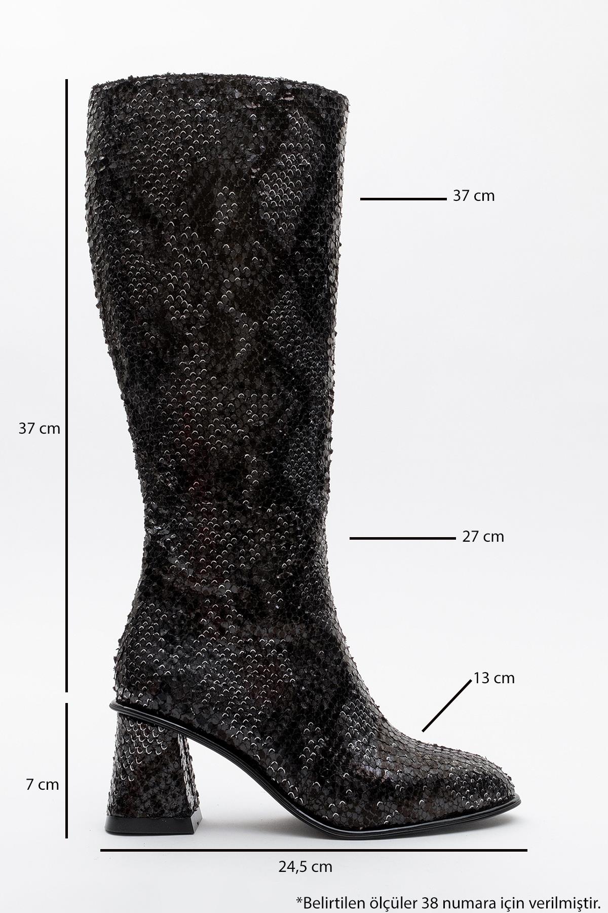 Elly Black Pattern Block Heel Boot – back view showing leather, black, red, Vowalisse