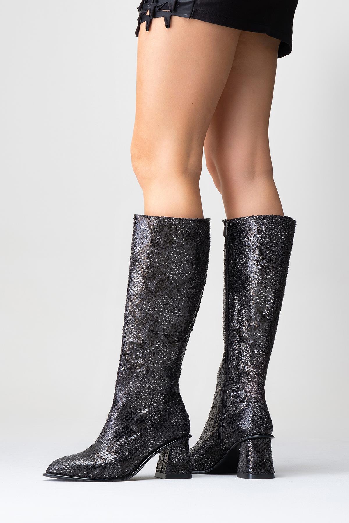 Elly Black Pattern Block Heel Boot – top view showing leather, black, red, Vowalisse