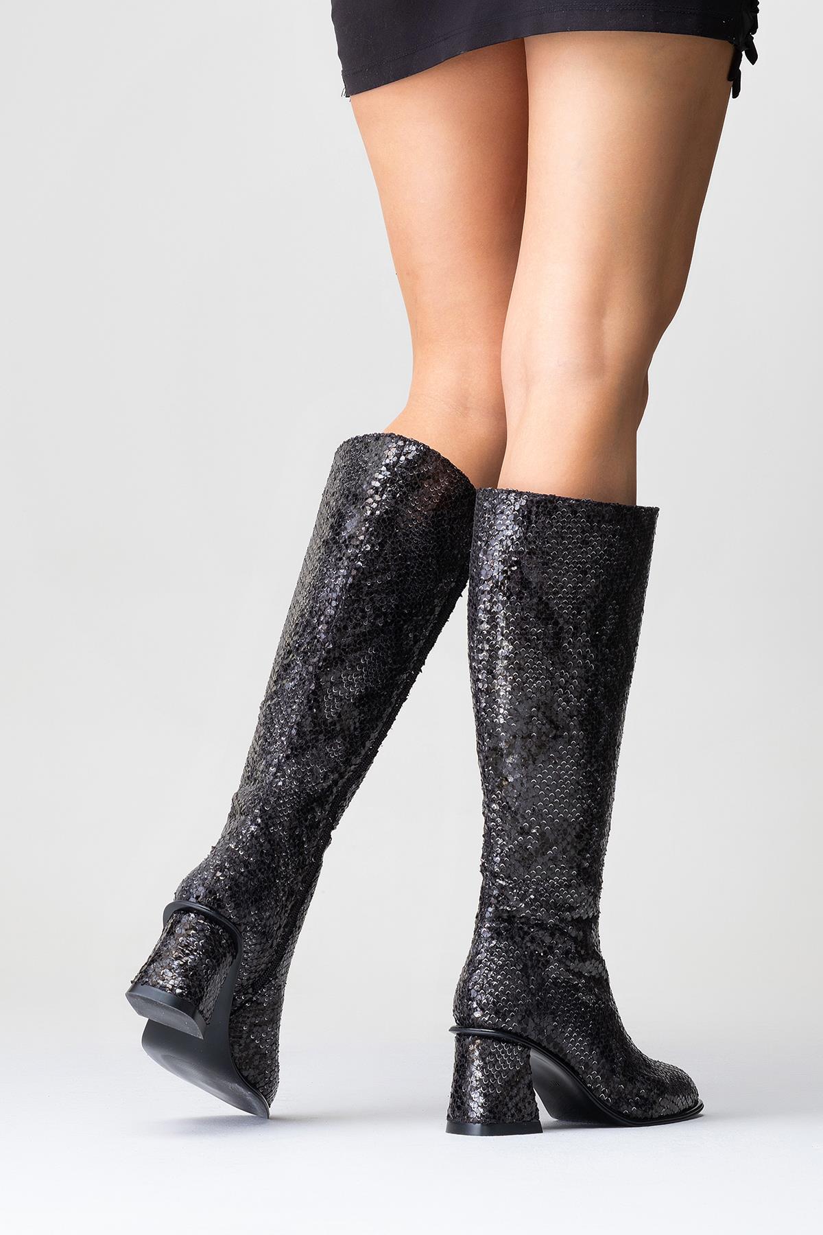 Elly Black Pattern Block Heel Boot – sole view showing leather, black, red, Vowalisse