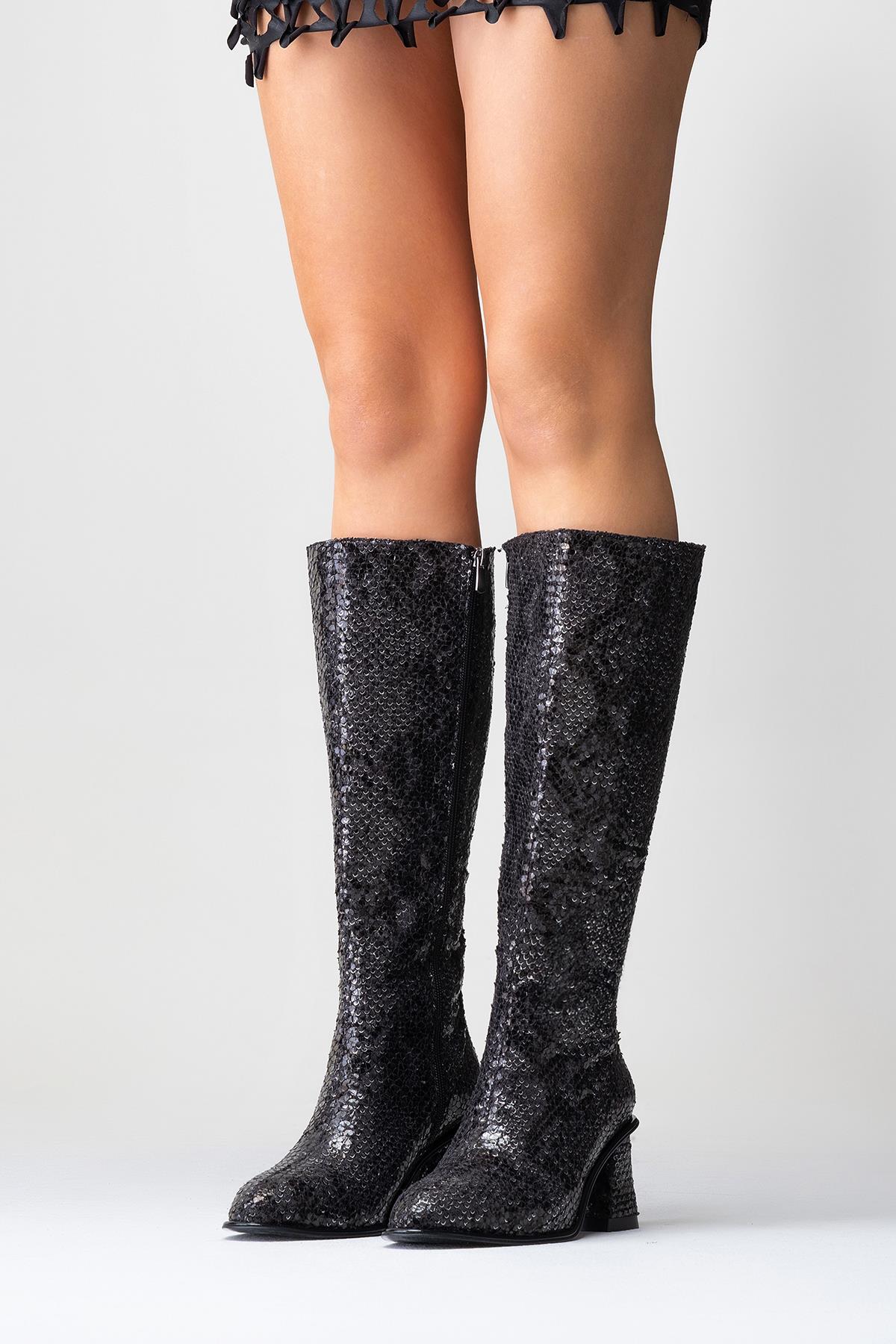 Elly Black Pattern Block Heel Boot – pair view showing leather, black, red, Vowalisse
