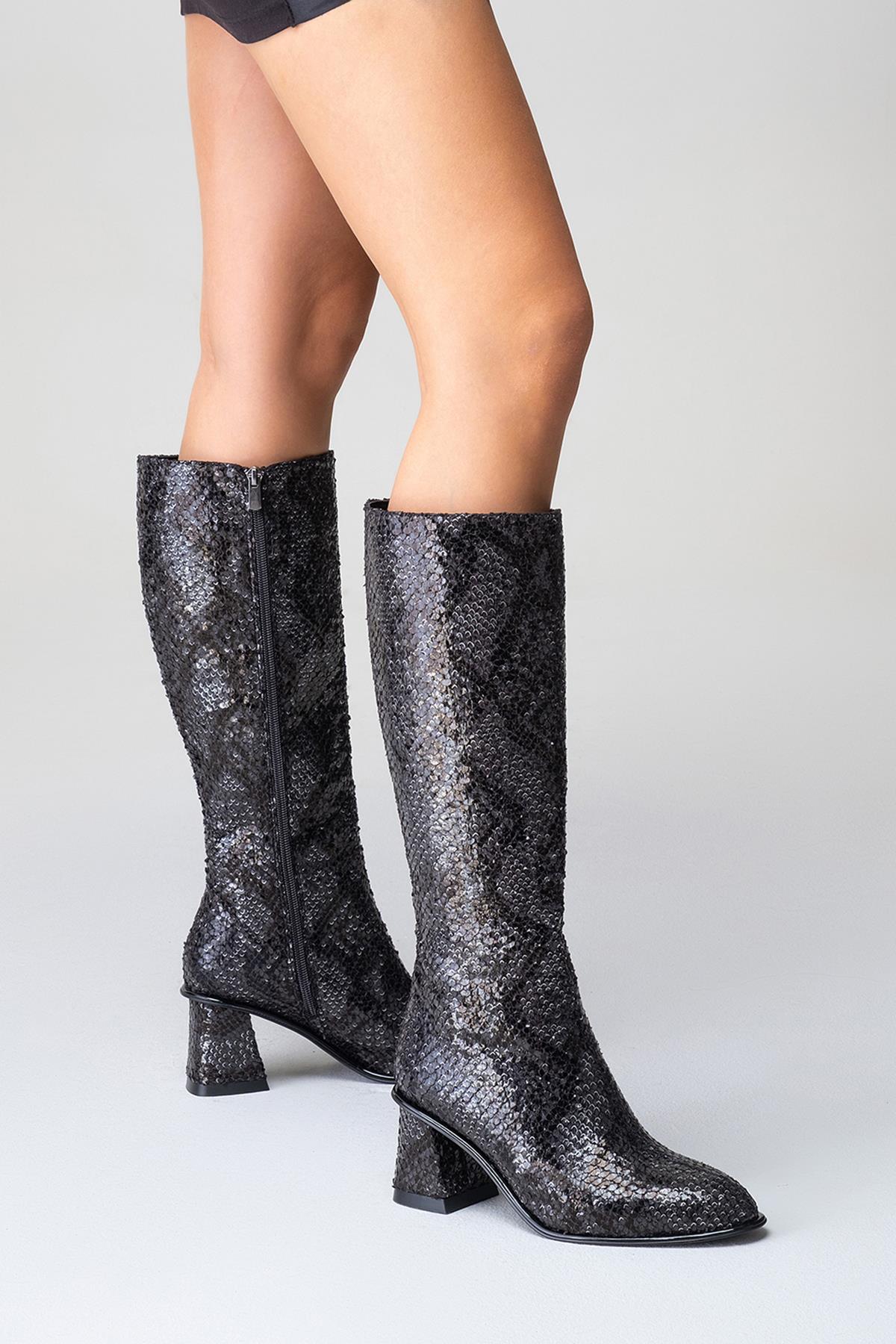 Elly Black Pattern Block Heel Boot – product view 9 showing leather, black, red, Vowalisse