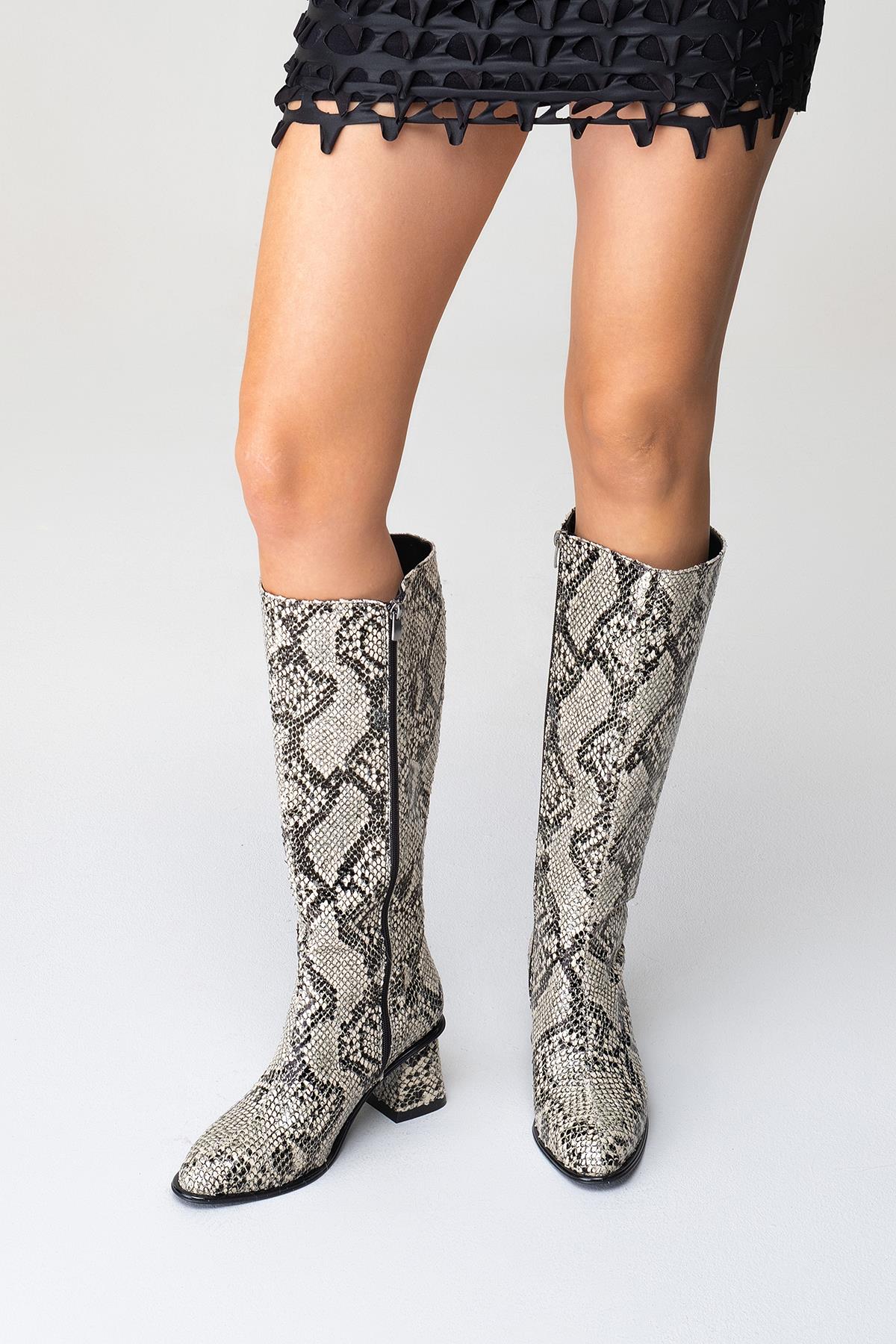 Elly Black White Pattern Block Heel Boot – product view 10 showing leather, white, black, Vowalisse