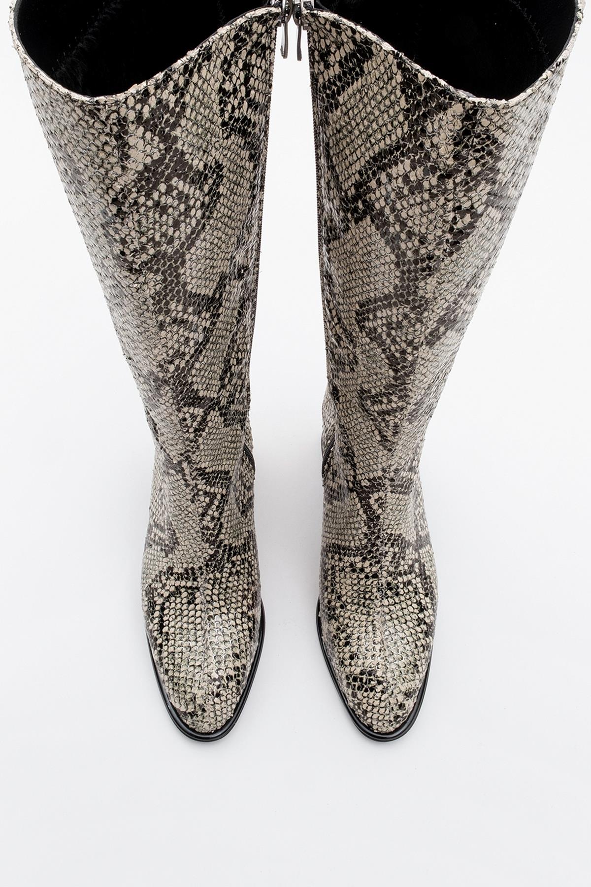 Elly Black White Pattern Block Heel Boot – side view showing leather, white, black, Vowalisse