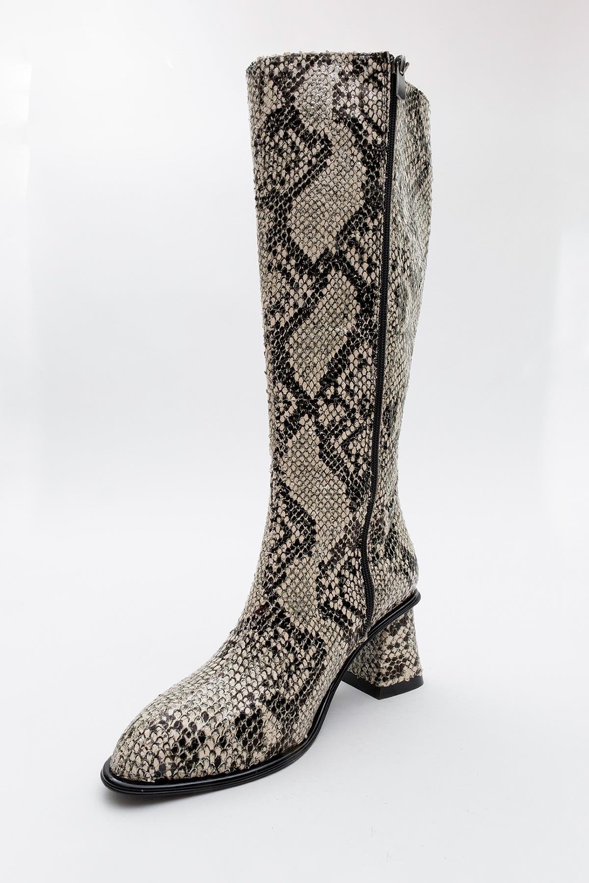 Elly Black White Pattern Block Heel Boot – detail view showing leather, white, black, Vowalisse