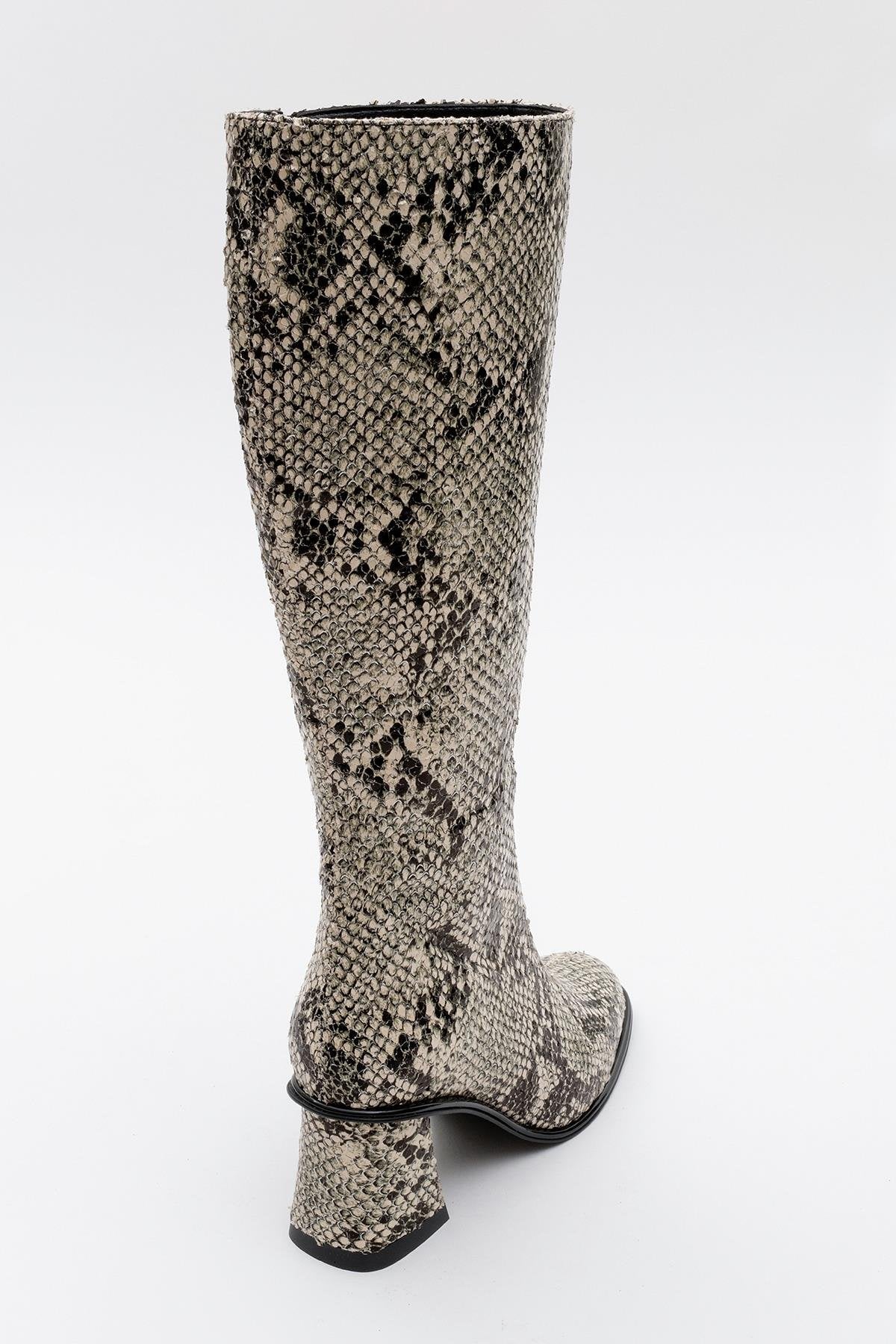 Elly Black White Pattern Block Heel Boot – heel view showing leather, white, black, Vowalisse