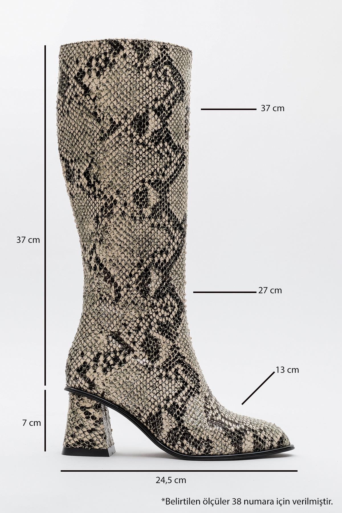Elly Black White Pattern Block Heel Boot – back view showing leather, white, black, Vowalisse