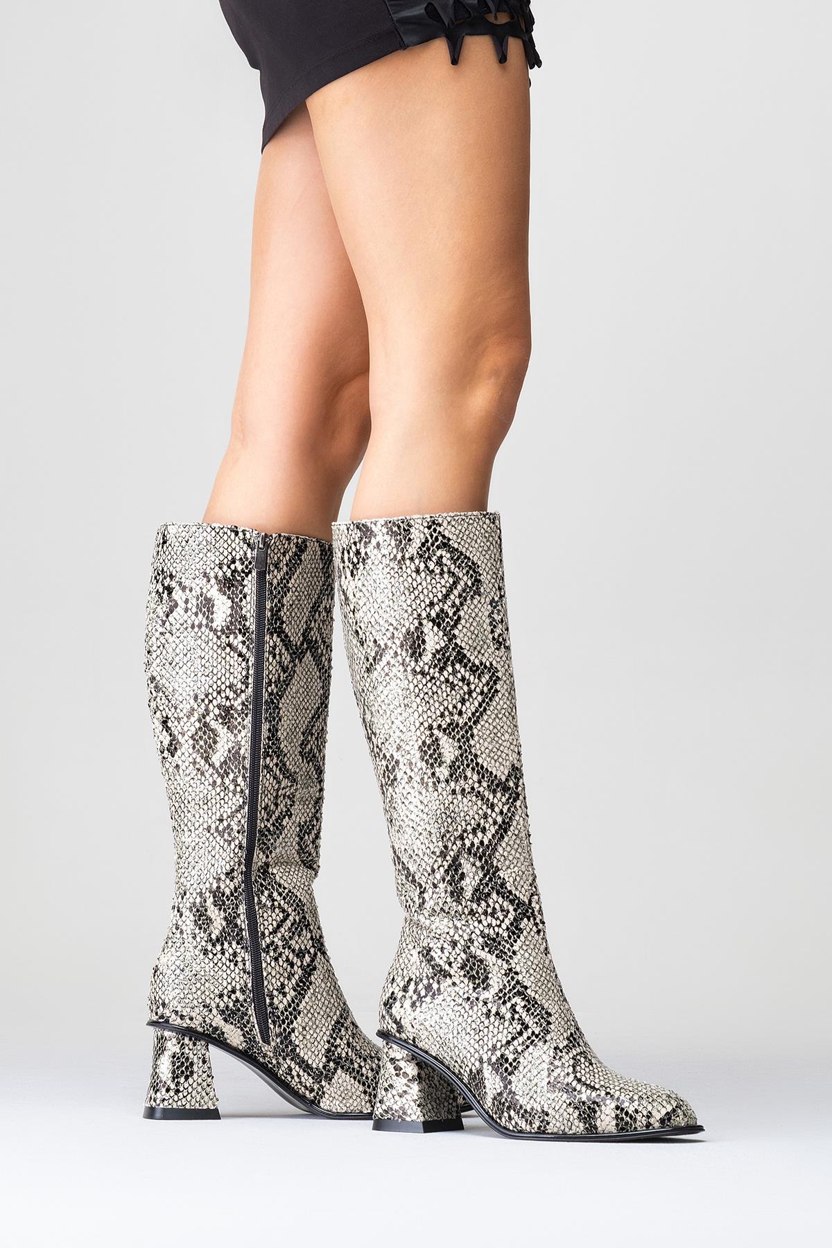Elly Black White Pattern Block Heel Boot – top view showing leather, white, black, Vowalisse