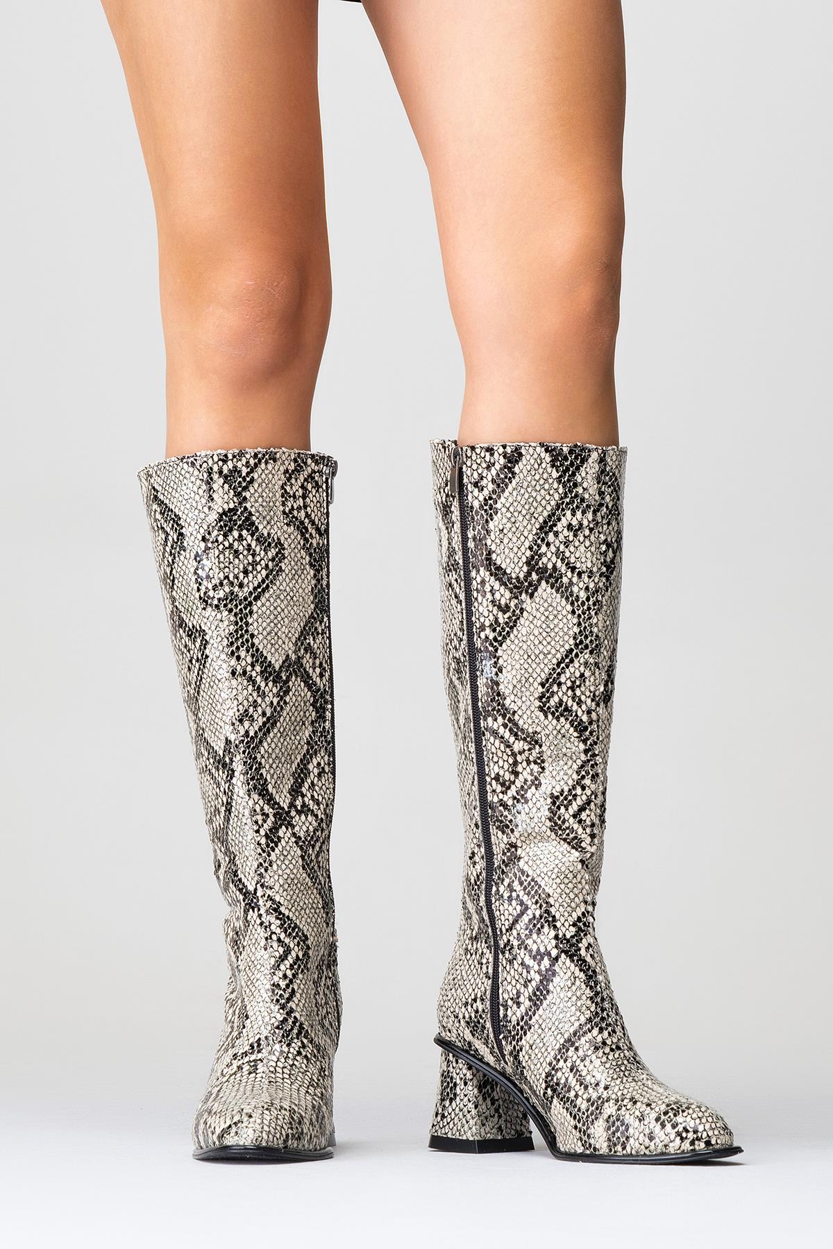 Elly Black White Pattern Block Heel Boot – pair view showing leather, white, black, Vowalisse