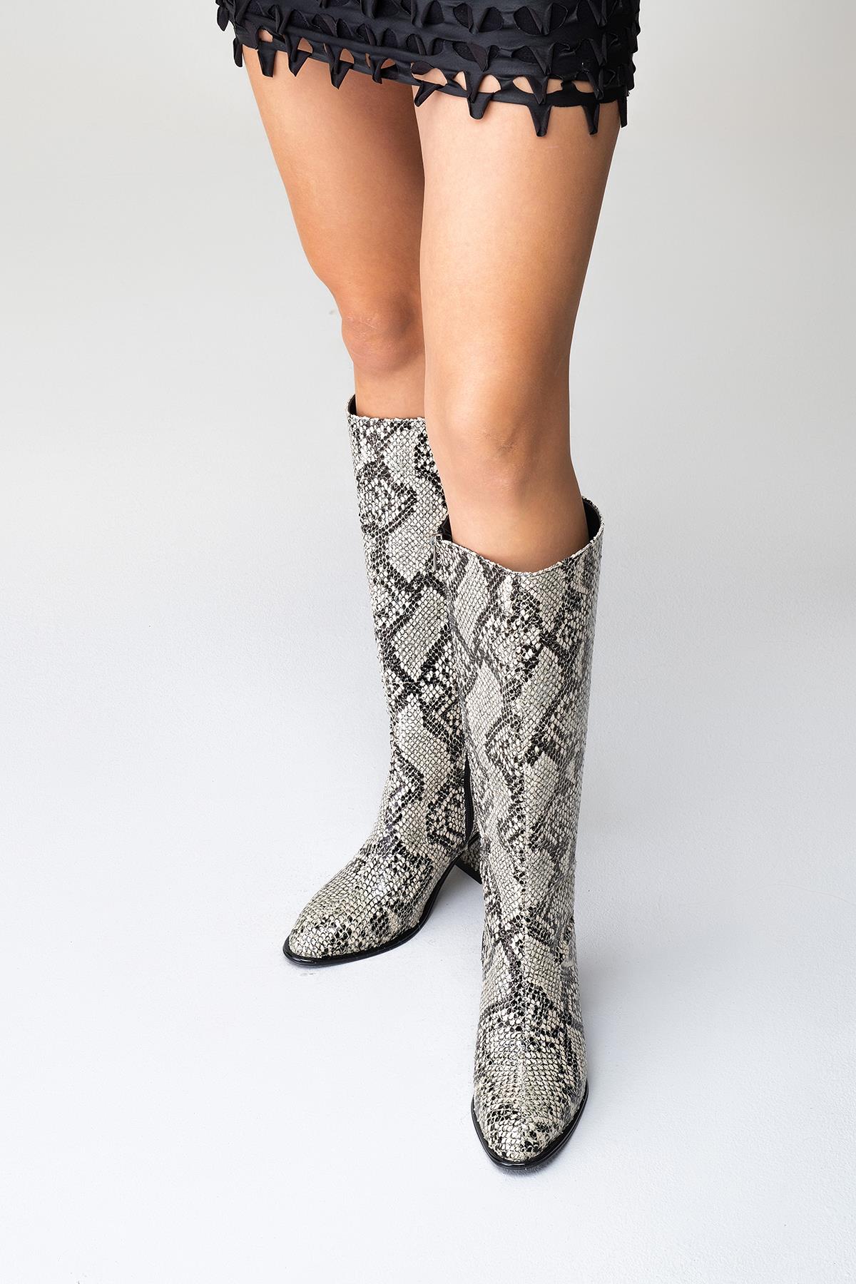 Elly Black White Pattern Block Heel Boot – product view 9 showing leather, white, black, Vowalisse