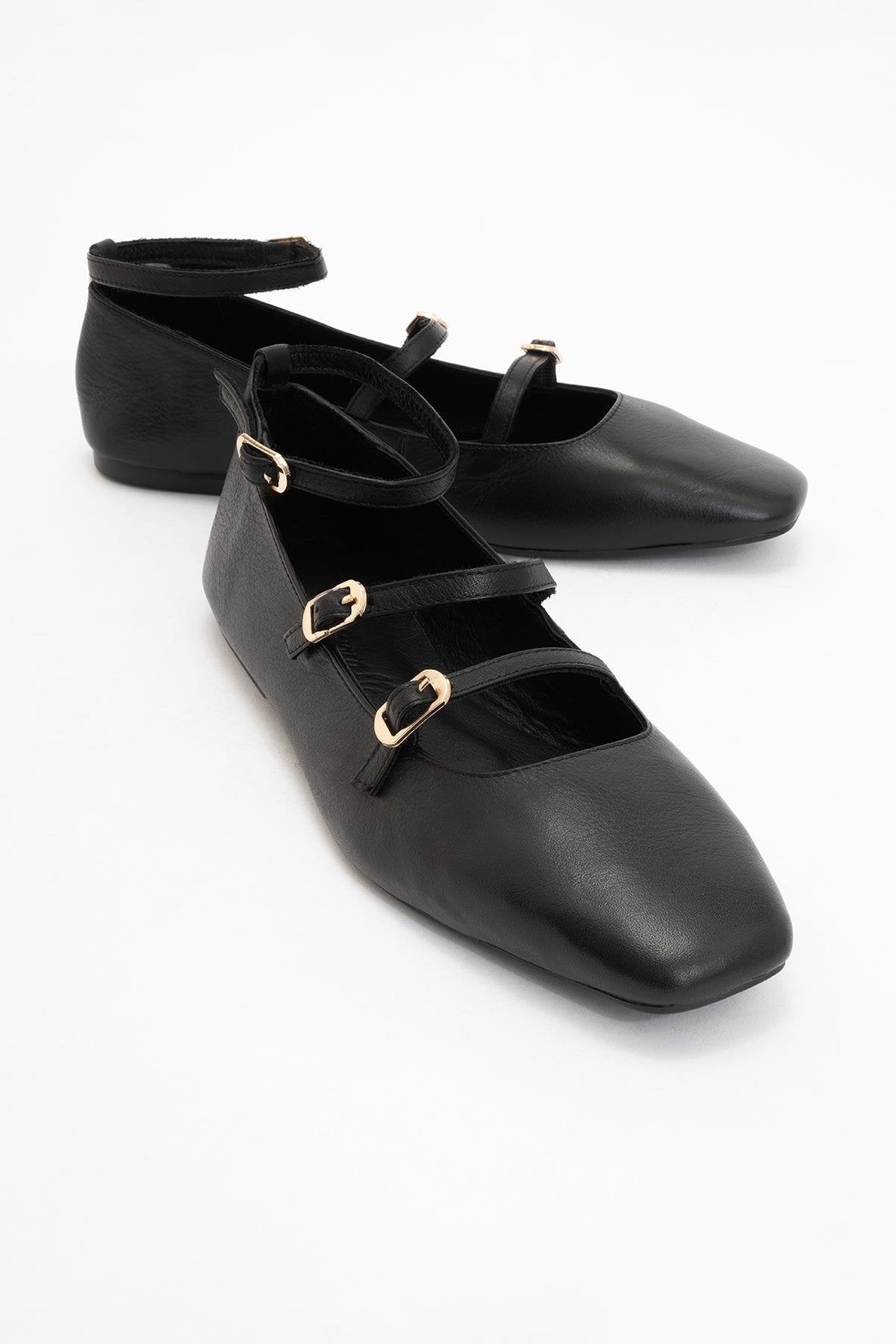 Serena - Black Leather Mary Jane Flats – front three-quarter view showing leather, suede, black, Vowalisse