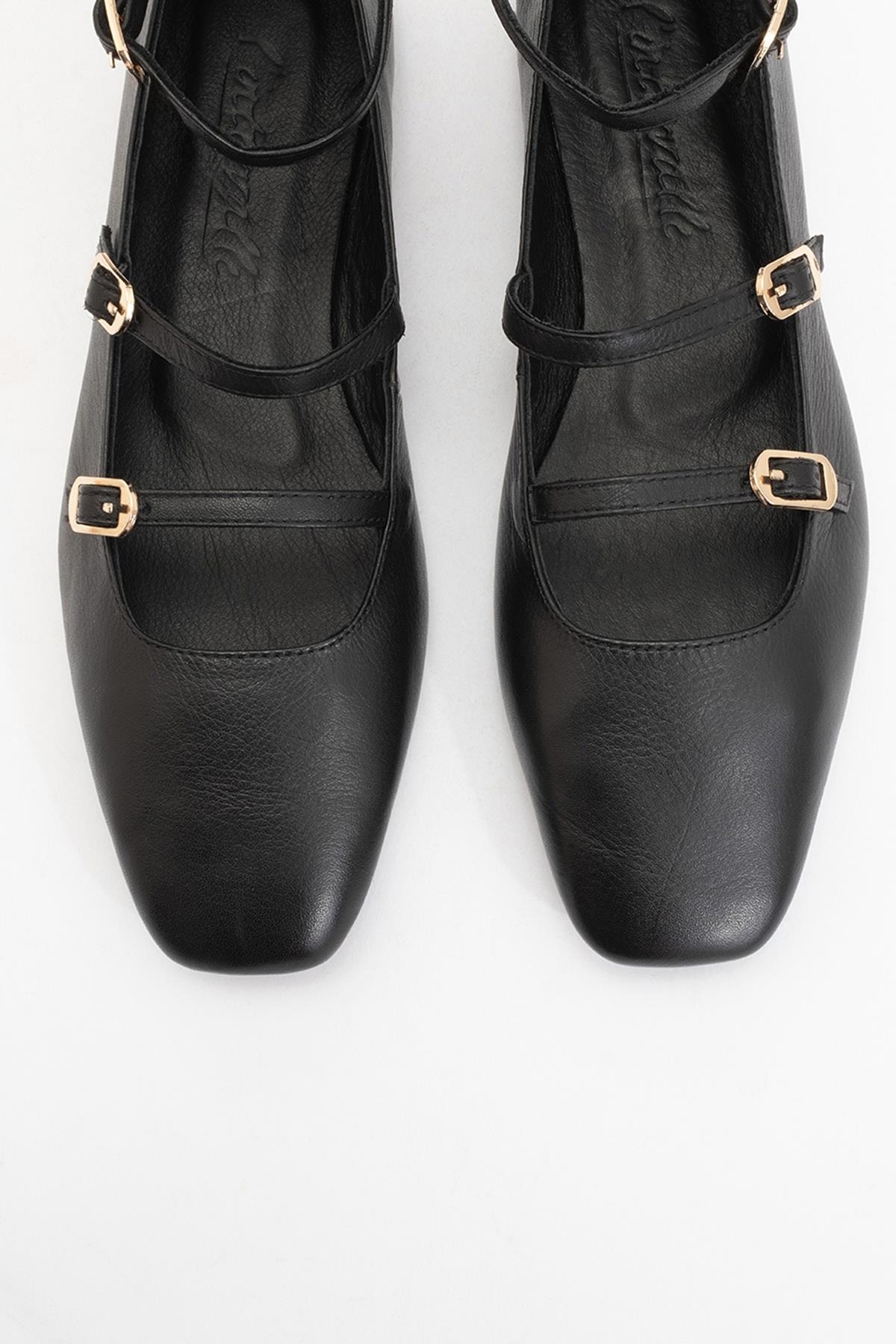 Serena - Black Leather Mary Jane Flats – side view showing leather, suede, black, Vowalisse