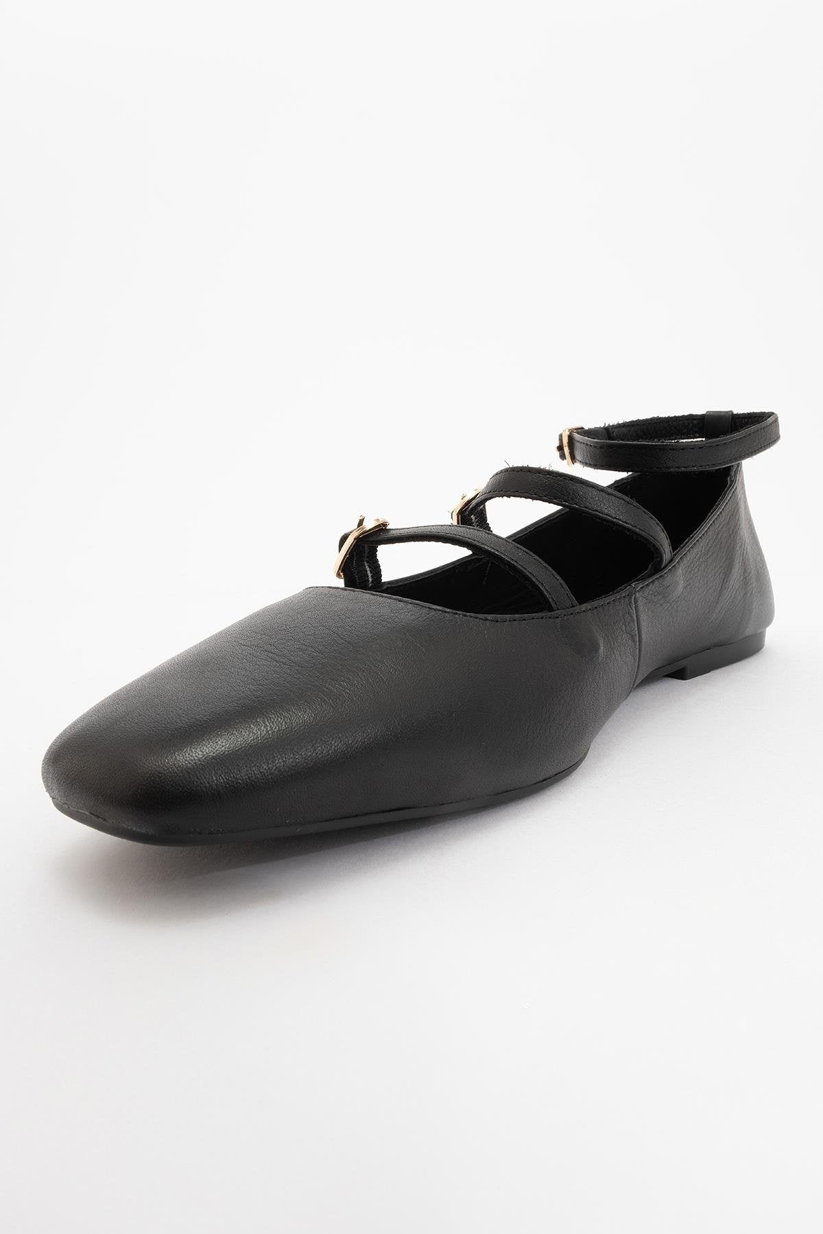 Serena - Black Leather Mary Jane Flats – detail view showing leather, suede, black, Vowalisse